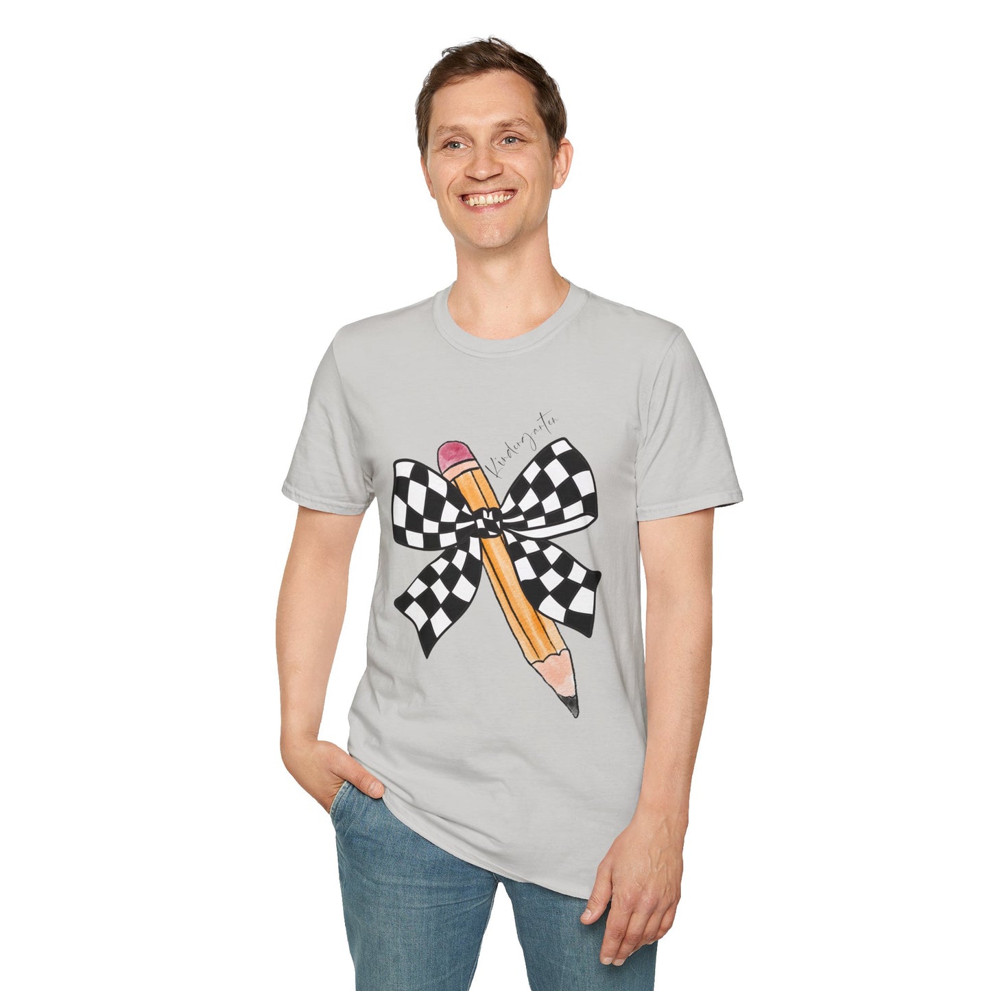 Kindergarten-Checkered Bow + Pencil- Teacher Tee- Softstyle Unisex Tee