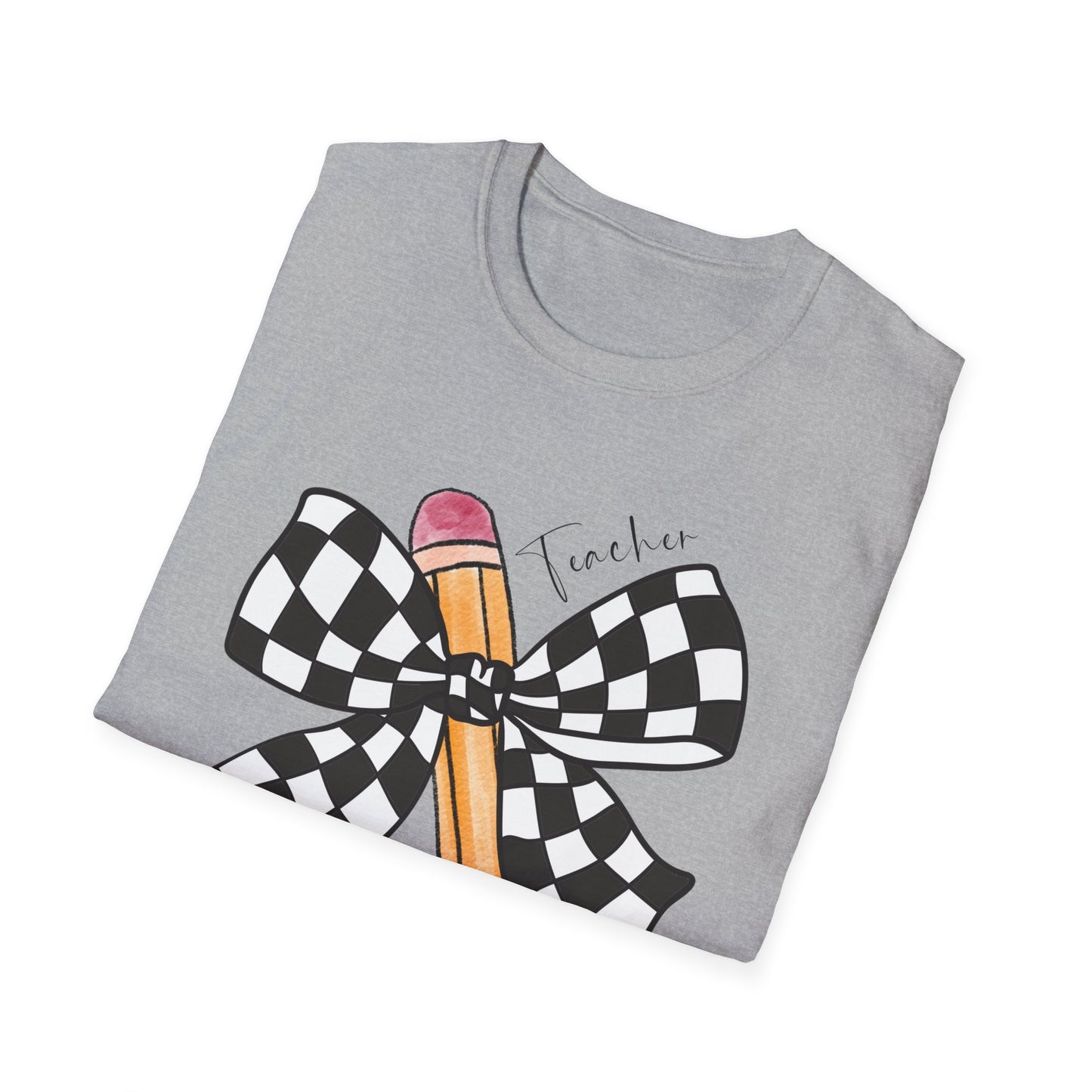 Checkered Bow + Pencil- Teacher Tee- Softstyle Unisex Tee