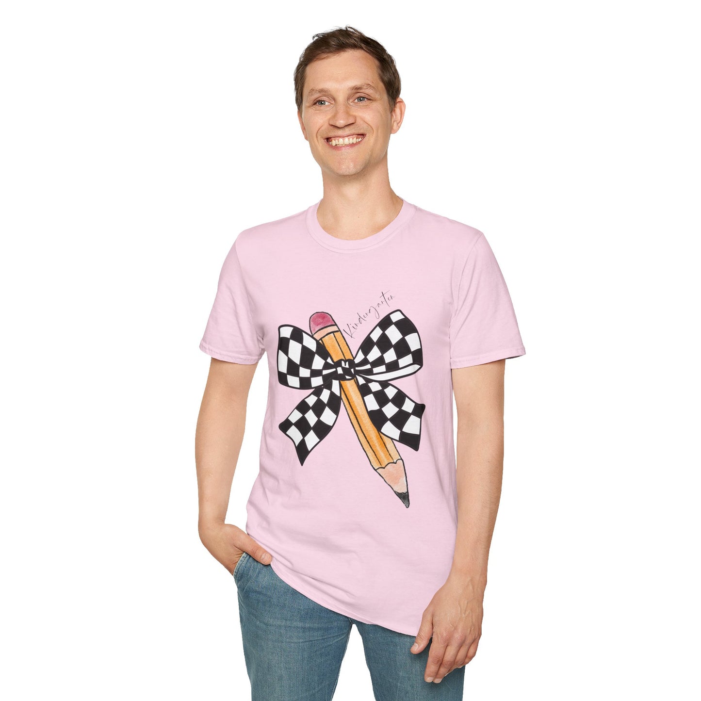 Kindergarten-Checkered Bow + Pencil- Teacher Tee- Softstyle Unisex Tee