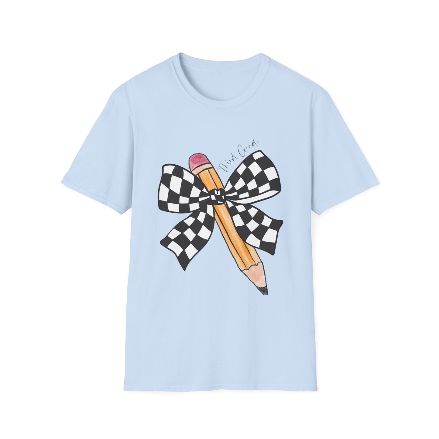 3rd Grade- Checkered Bow + Pencil- Teacher Tee- Softstyle Unisex Tee