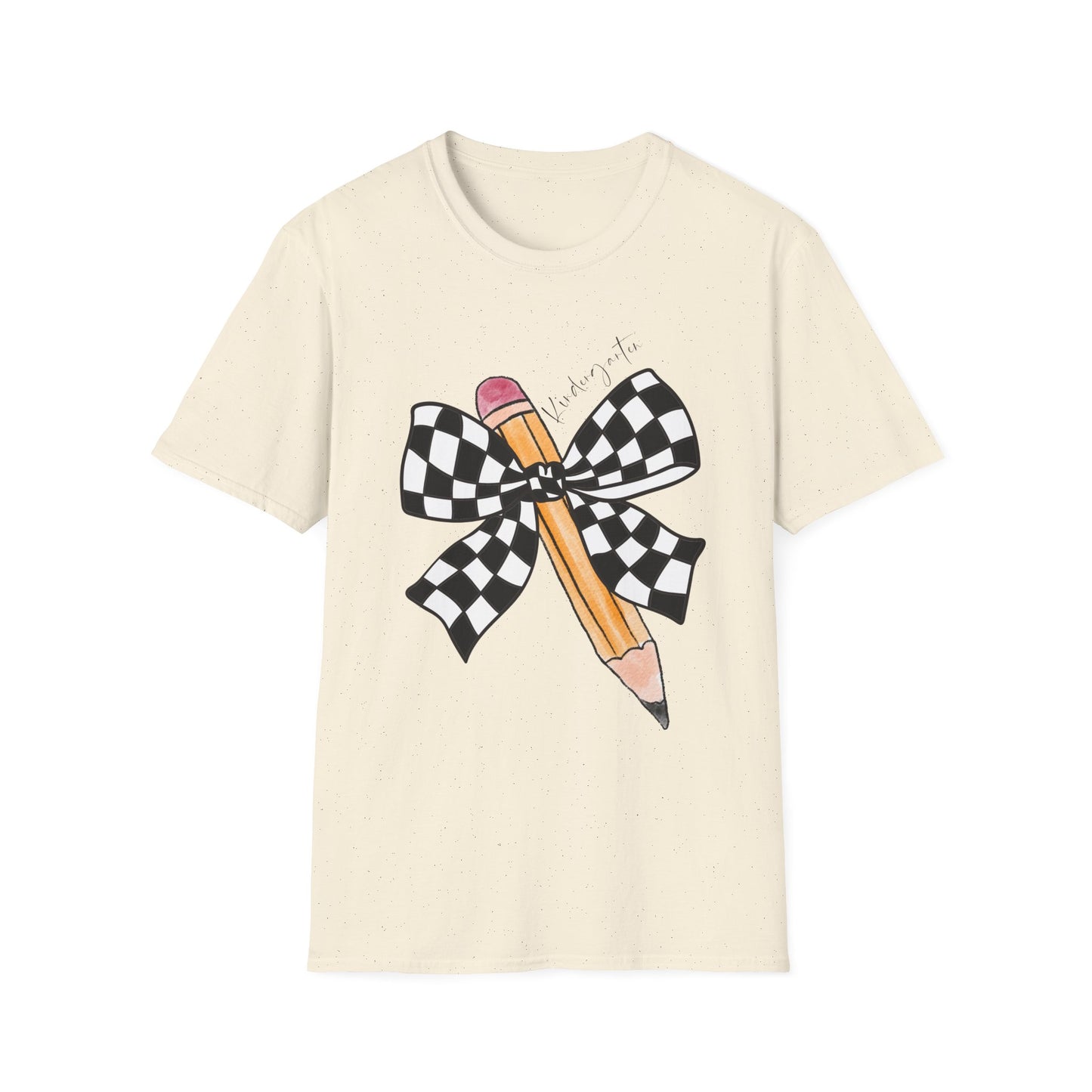 Kindergarten- Pencil & Checker Bow T‑Shirt — Teacher Collection