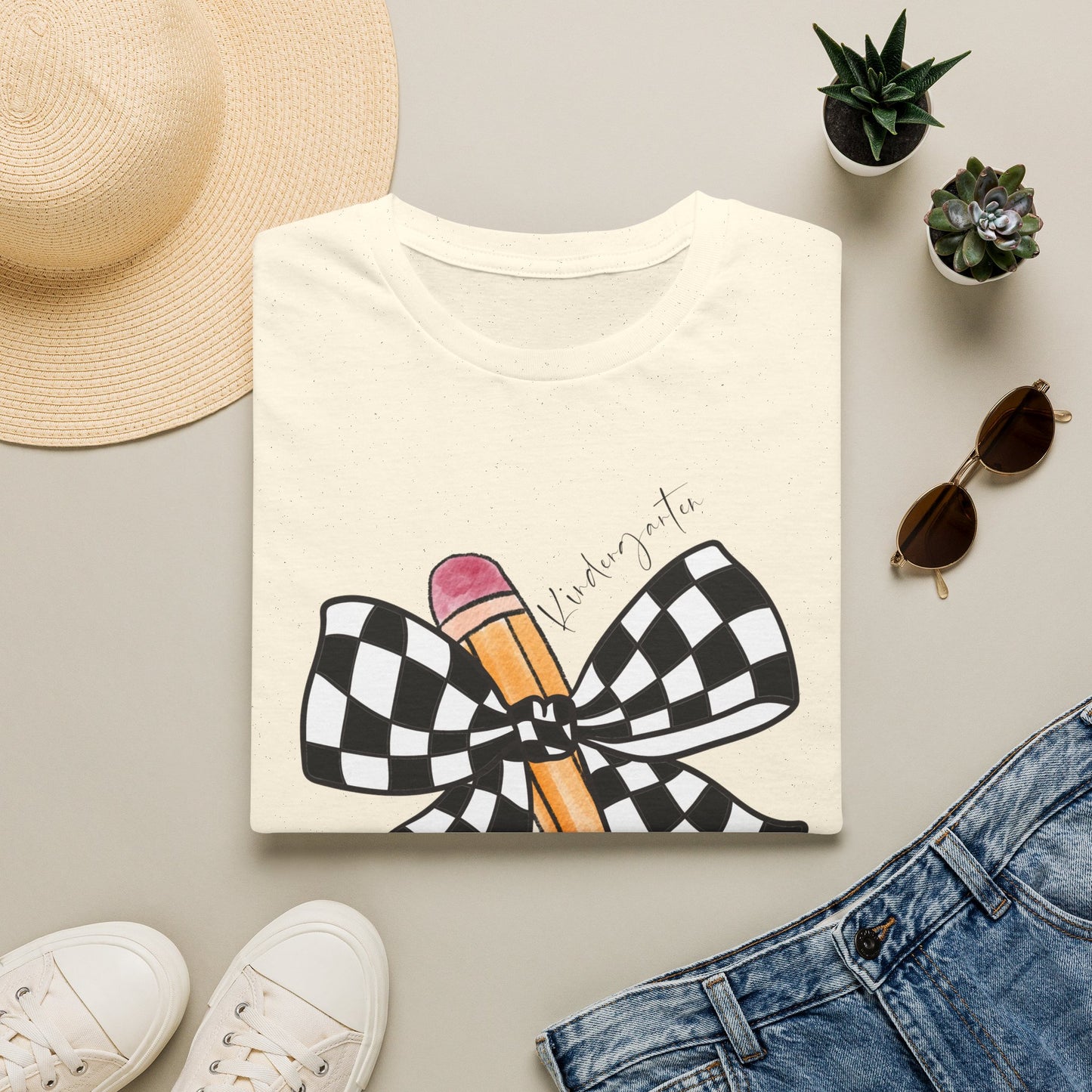 Kindergarten- Pencil & Checker Bow T‑Shirt — Teacher Collection