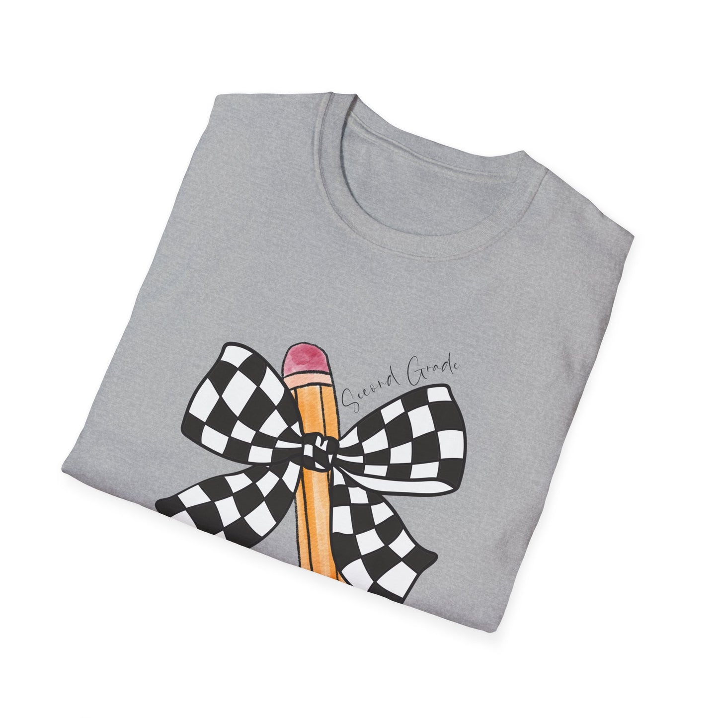 2nd Grade- Checkered Bow + Pencil- Teacher Tee- Softstyle Unisex Tee