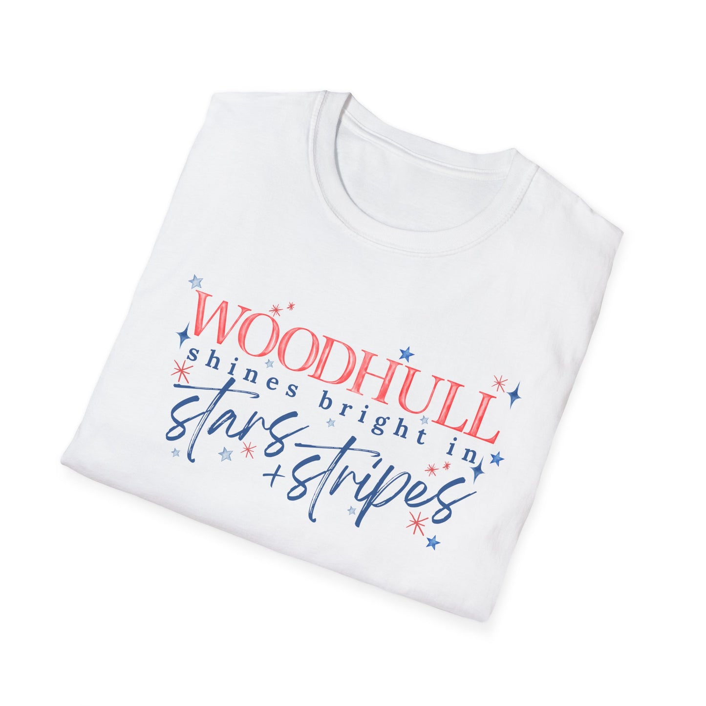 Flag Day Unisex Softstyle T-Shirt with Woodhull Shines Bright in Stars + Stripes Design- Holiday