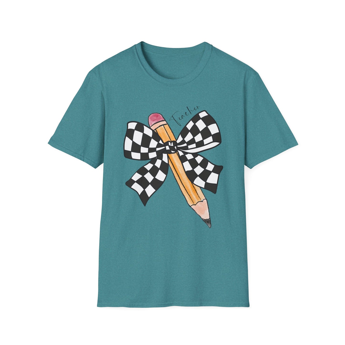 Checkered Bow + Pencil- Teacher Tee- Softstyle Unisex Tee