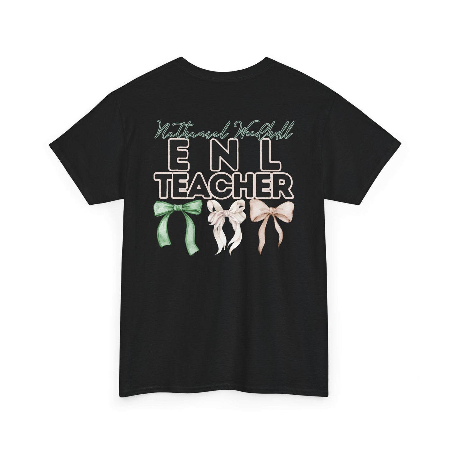 Woodhull ENL Teacher and Bows- Unisex Heavy Cotton Tee with Bow Design