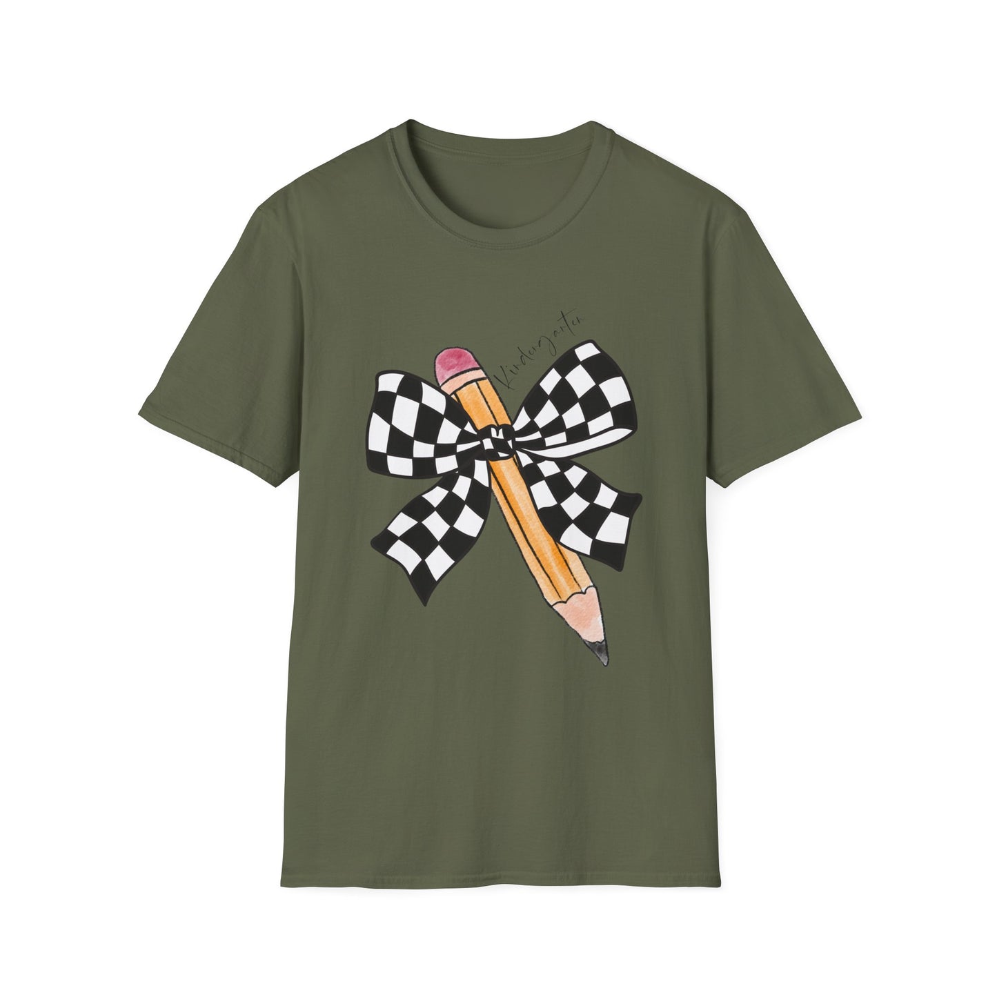 Kindergarten-Checkered Bow + Pencil- Teacher Tee- Softstyle Unisex Tee