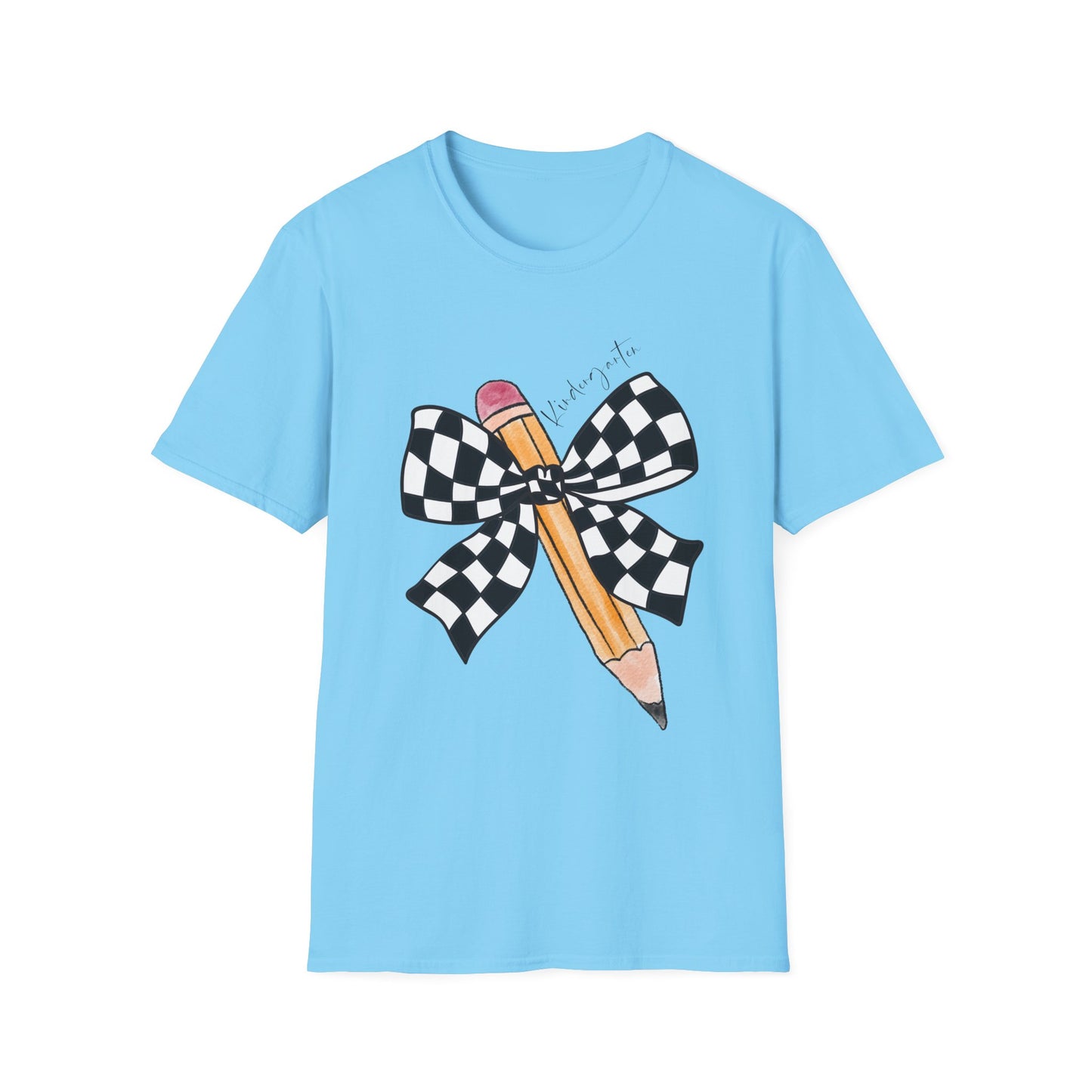 Kindergarten-Checkered Bow + Pencil- Teacher Tee- Softstyle Unisex Tee