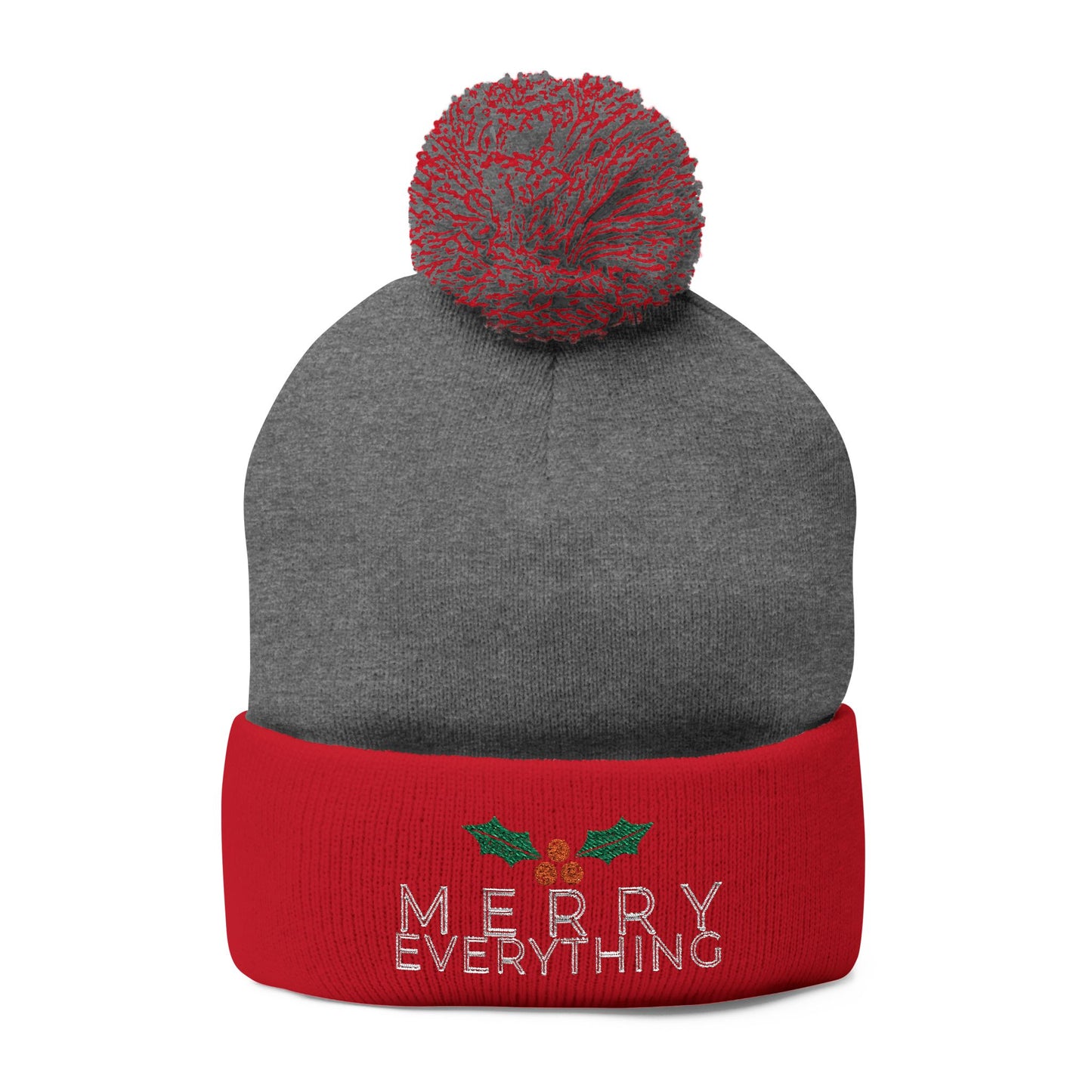 Merry Everything Pom-Pom Beanie — Embroidered Christmas Knit Cap