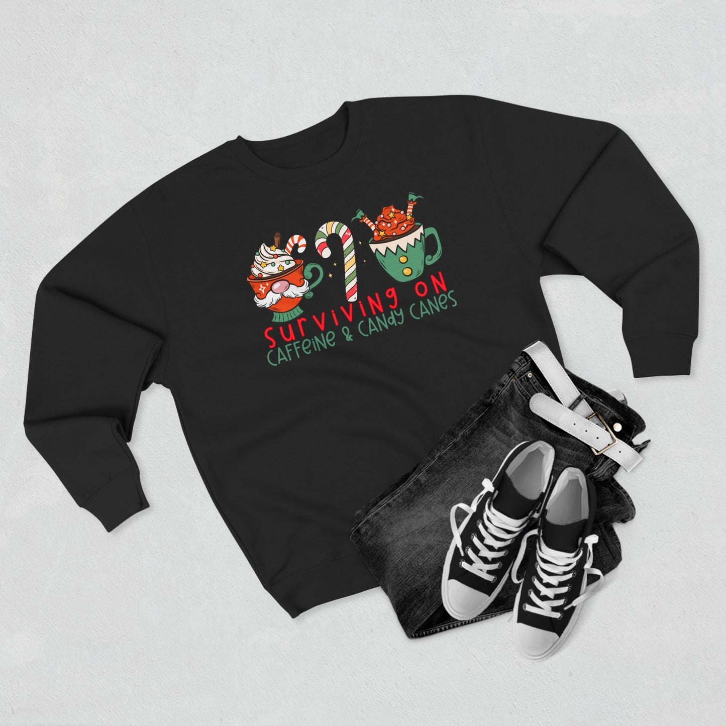 Surviving on Caffeine and Candy Canes -Unisex Crewneck Sweatshirt- Christmas