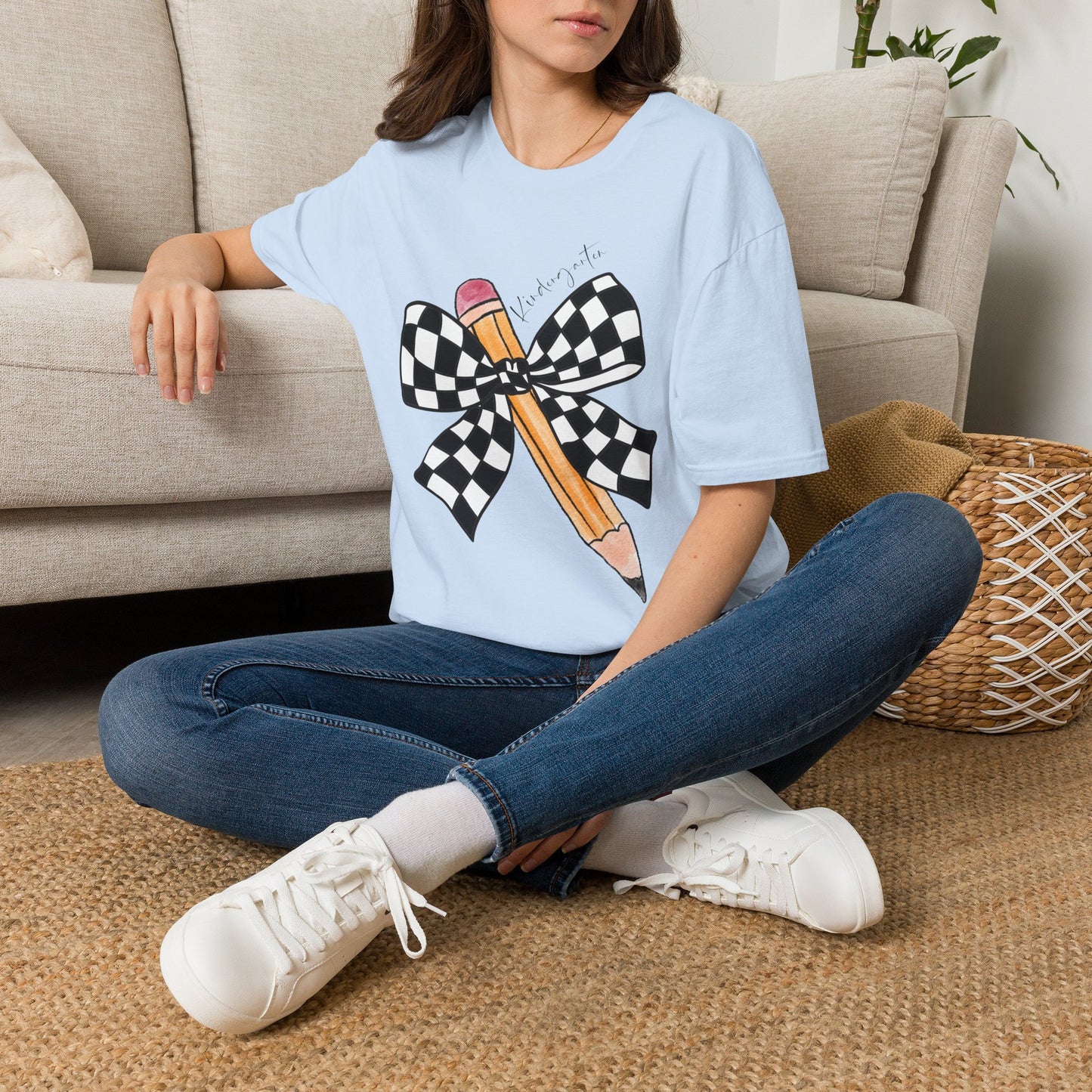 Kindergarten- Pencil & Checker Bow T‑Shirt — Teacher Collection