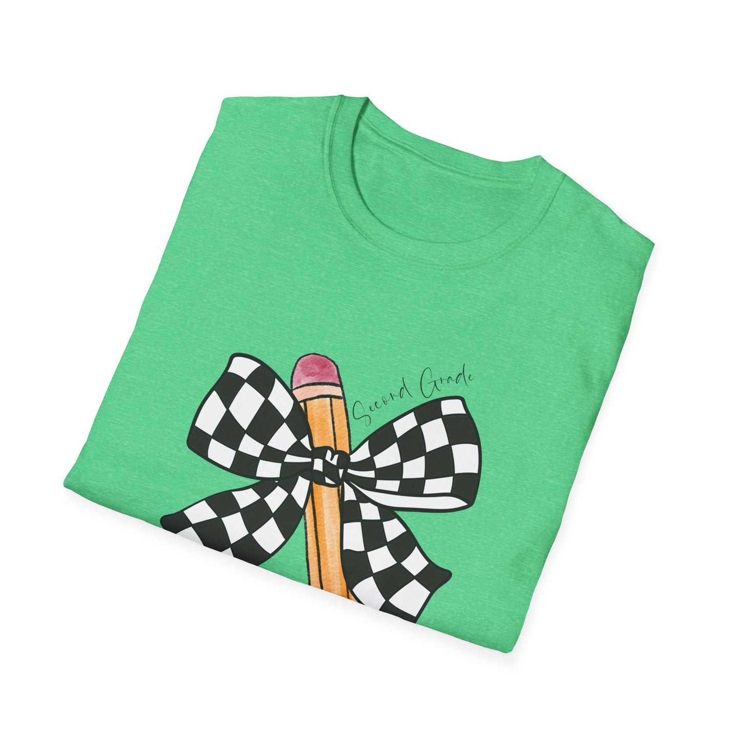 2nd Grade- Checkered Bow + Pencil- Teacher Tee- Softstyle Unisex Tee