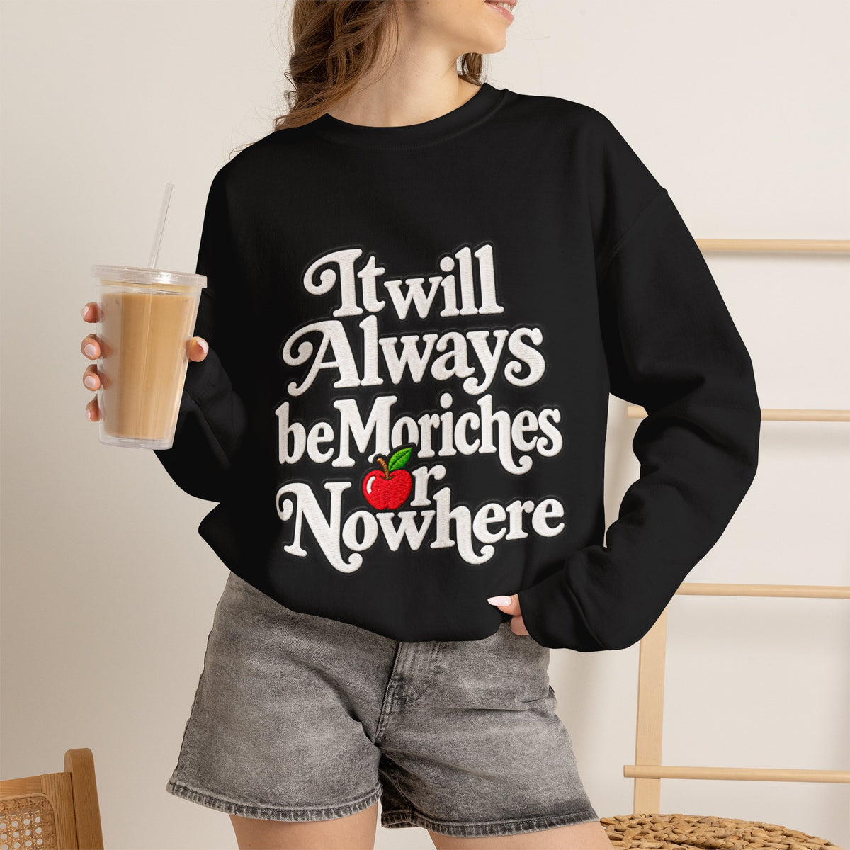 "Moriches or Nowhere" w/ apple- LARGE FRONT Crewneck Sweatshirt