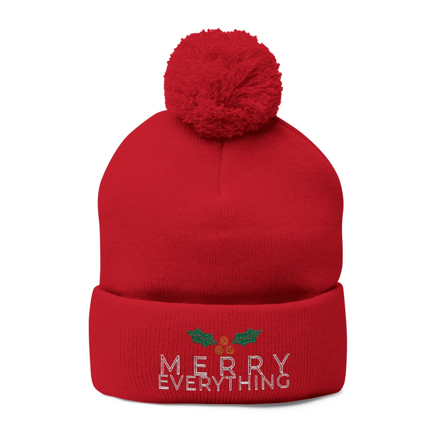 Merry Everything Pom-Pom Beanie — Embroidered Christmas Knit Cap