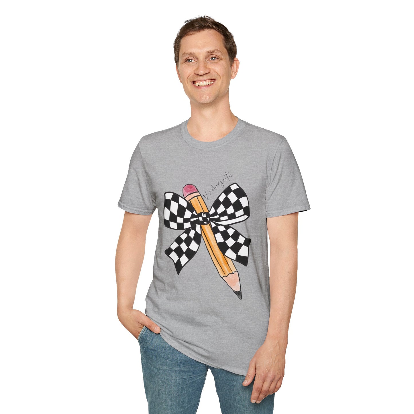 Kindergarten-Checkered Bow + Pencil- Teacher Tee- Softstyle Unisex Tee