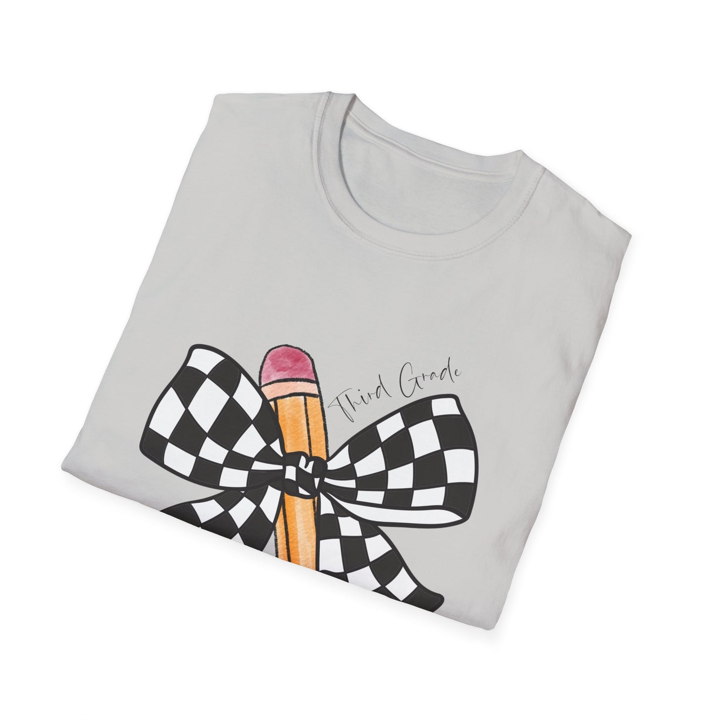 3rd Grade- Checkered Bow + Pencil- Teacher Tee- Softstyle Unisex Tee