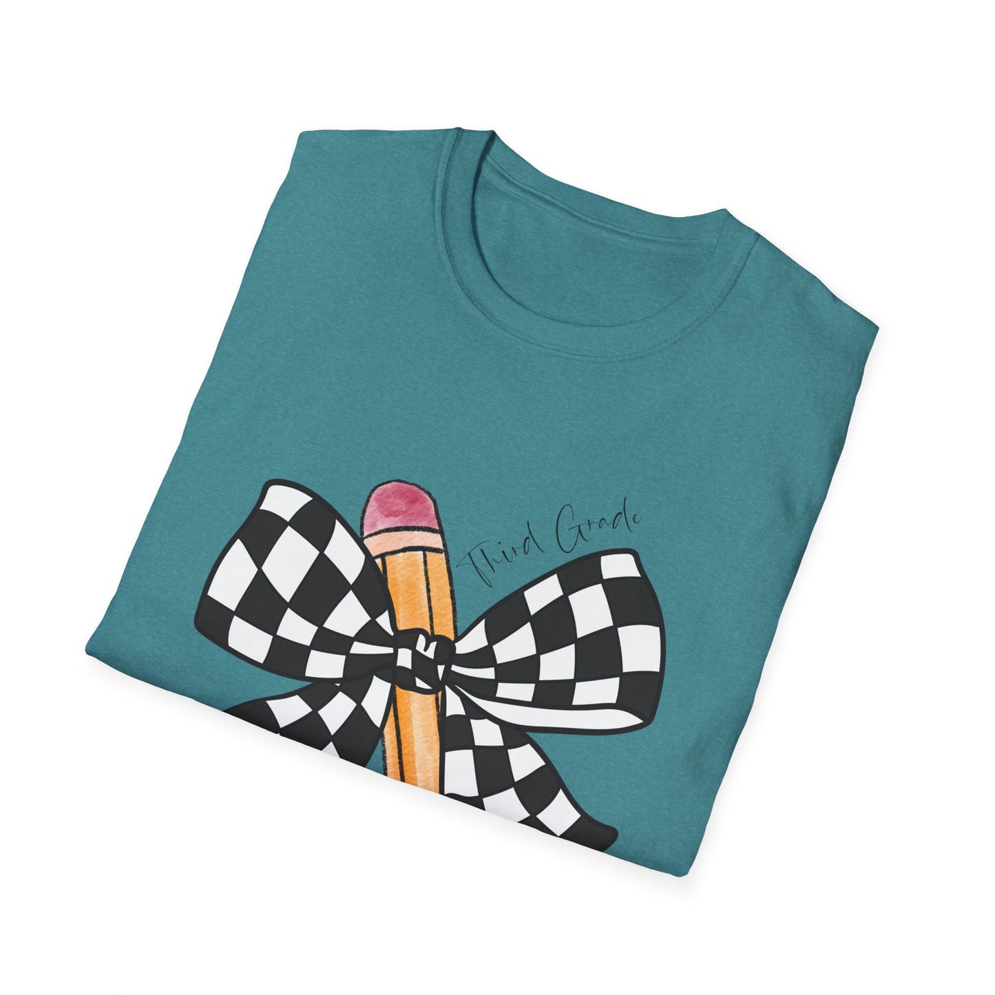 3rd Grade- Checkered Bow + Pencil- Teacher Tee- Softstyle Unisex Tee