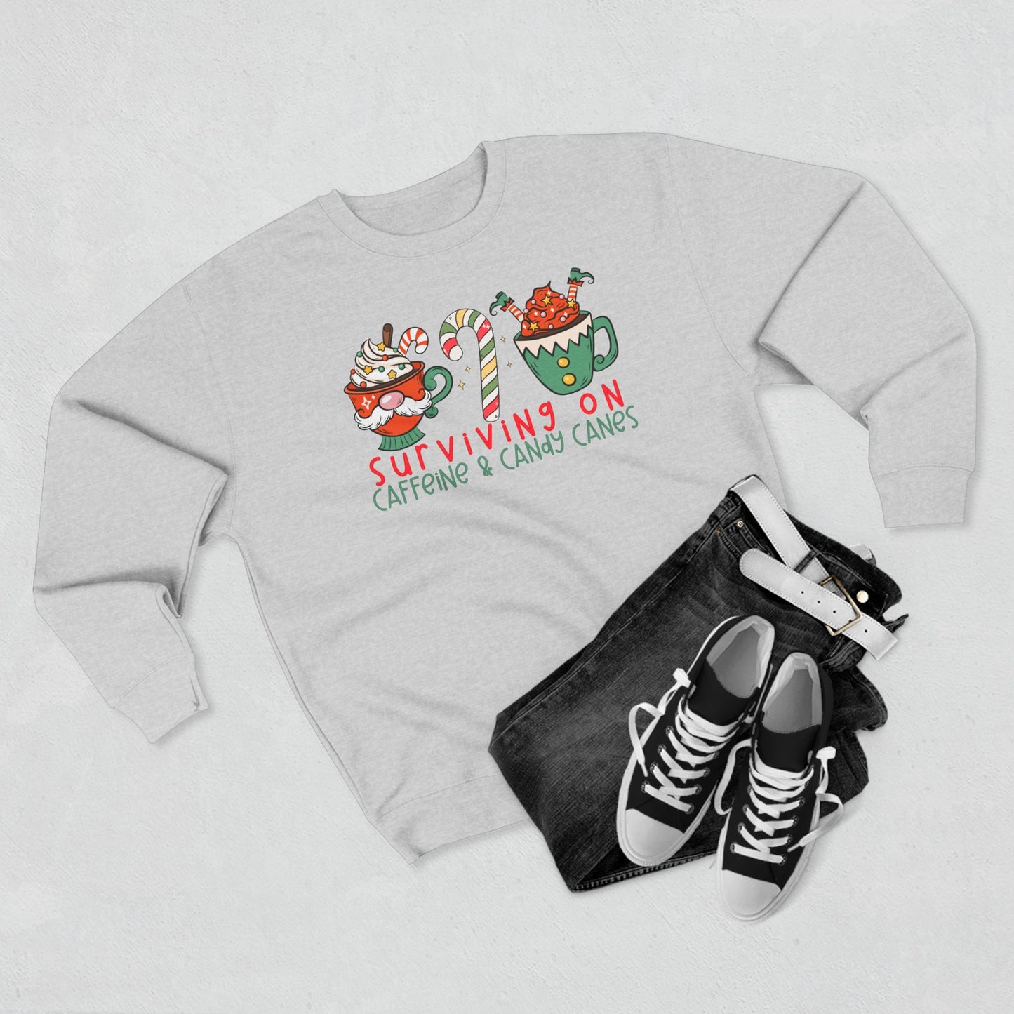 Surviving on Caffeine and Candy Canes -Unisex Crewneck Sweatshirt- Christmas