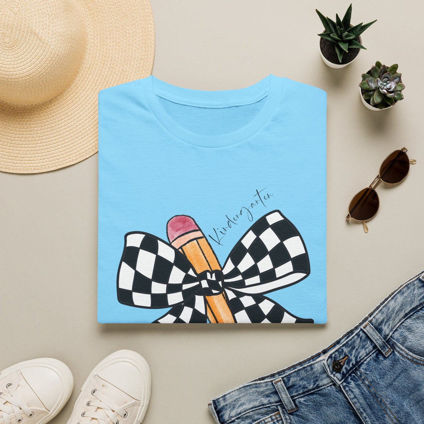 Kindergarten- Pencil & Checker Bow T‑Shirt — Teacher Collection