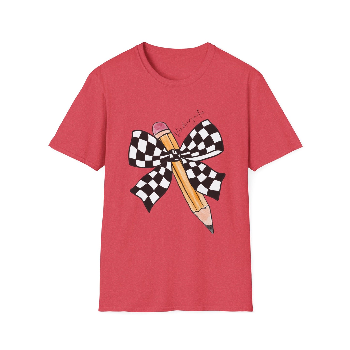 Kindergarten-Checkered Bow + Pencil- Teacher Tee- Softstyle Unisex Tee