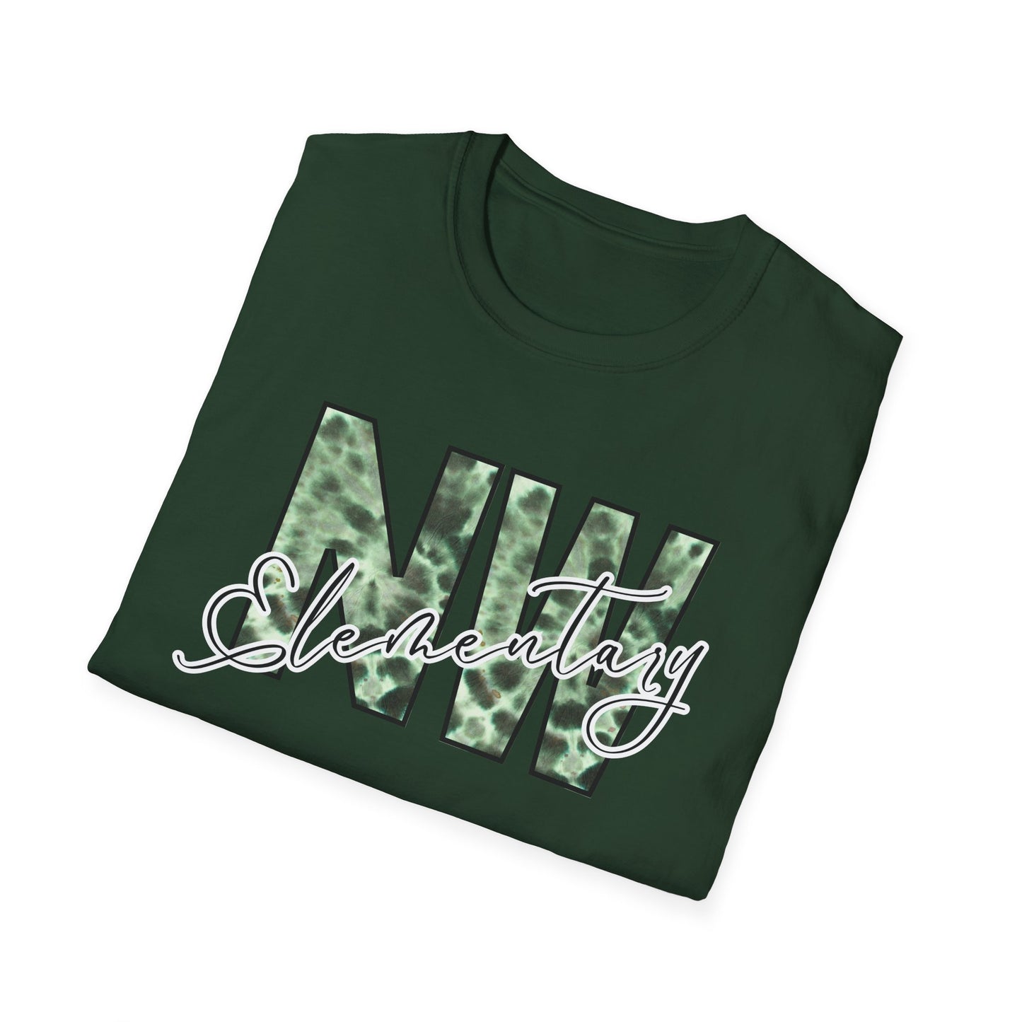 Tie Dye Woodhull Stylish Unisex Softstyle T-Shirt with Woodhull Elementary Design
