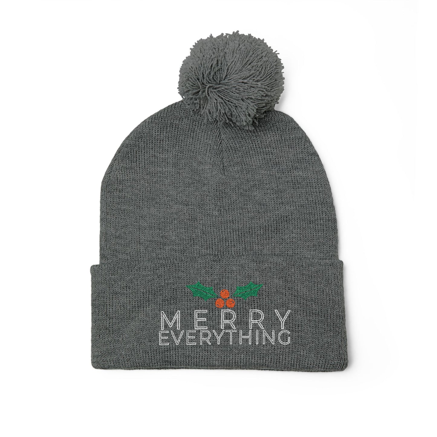 Merry Everything Pom-Pom Beanie — Embroidered Christmas Knit Cap