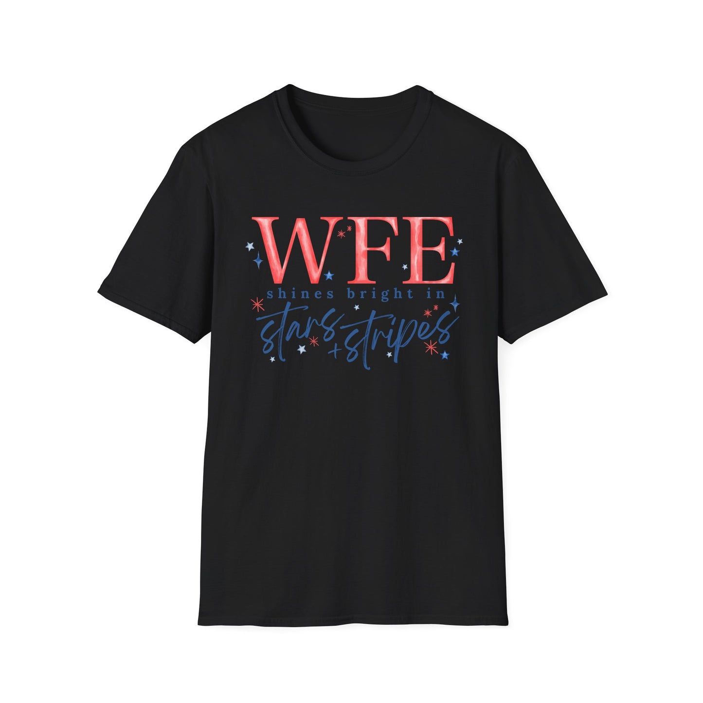 Flag Day Unisex Softstyle T-Shirt with WFE Shines Bright in Stars + Stripes Design- Holiday