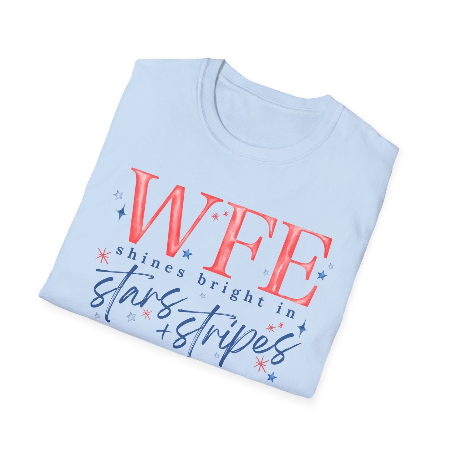 Flag Day Unisex Softstyle T-Shirt with WFE Shines Bright in Stars + Stripes Design- Holiday