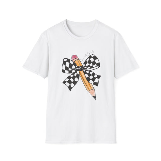 2nd Grade- Checkered Bow + Pencil- Teacher Tee- Softstyle Unisex Tee
