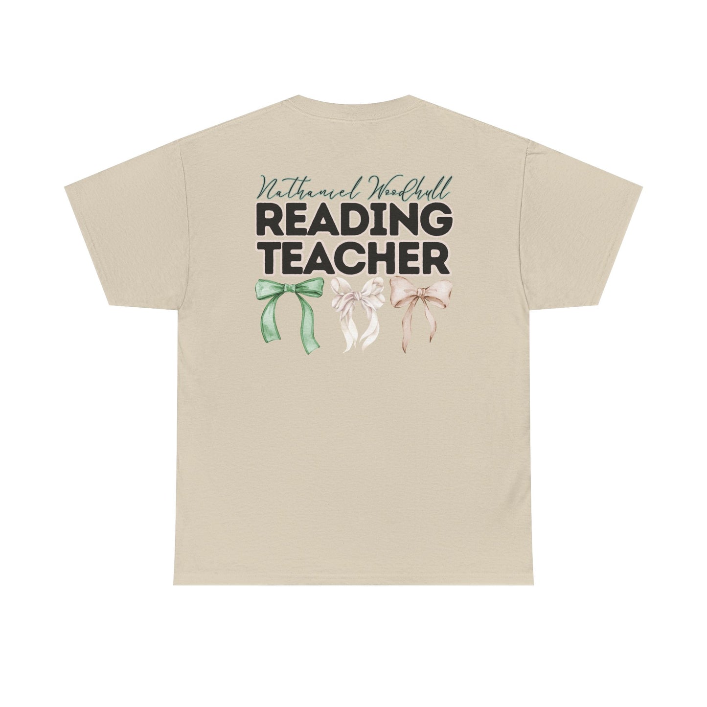 Woodhull Reading Teacher and Bows- Unisex Heavy Cotton Tee with Bow Design