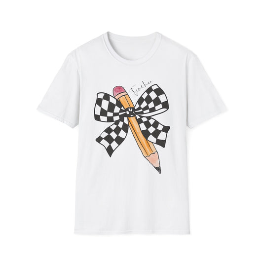 Checkered Bow + Pencil- Teacher Tee- Softstyle Unisex Tee