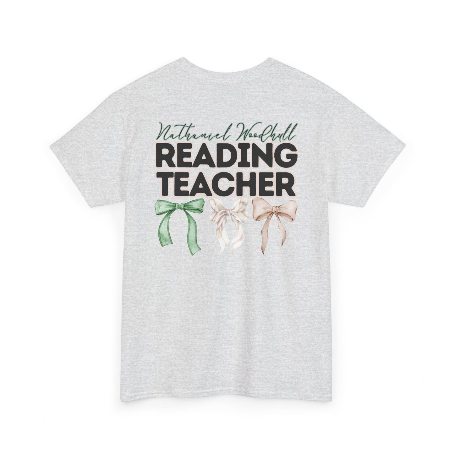 Woodhull Reading Teacher and Bows- Unisex Heavy Cotton Tee with Bow Design