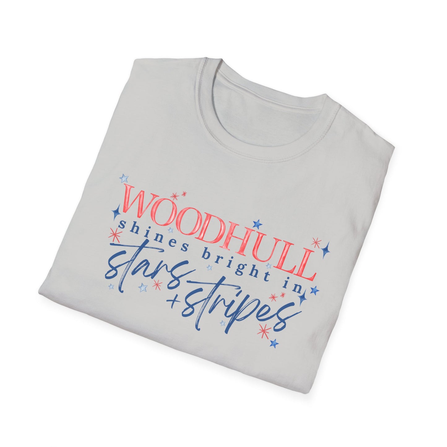 Flag Day Unisex Softstyle T-Shirt with Woodhull Shines Bright in Stars + Stripes Design- Holiday