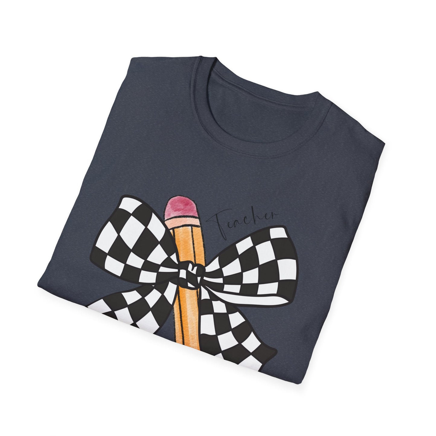 Checkered Bow + Pencil- Teacher Tee- Softstyle Unisex Tee