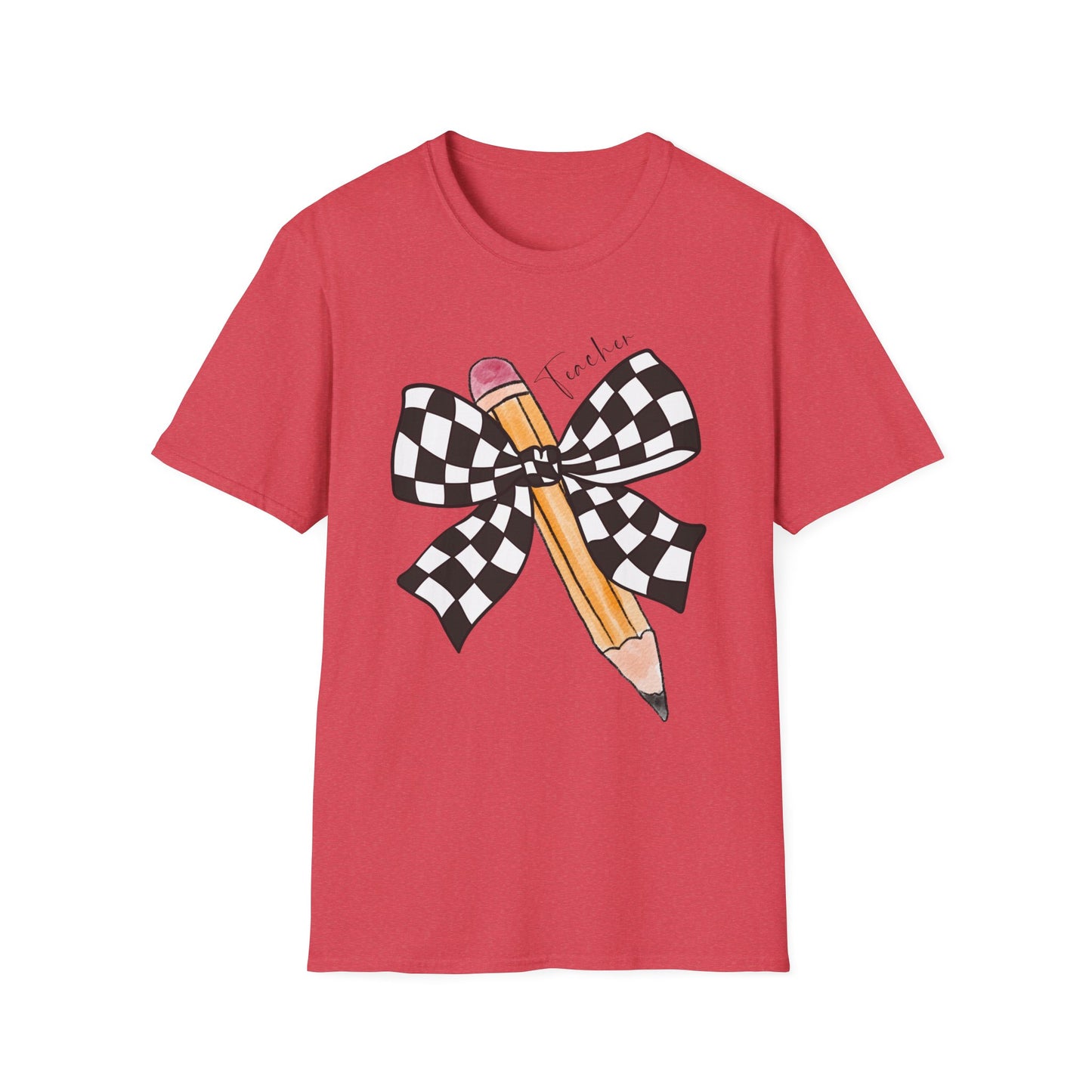 Checkered Bow + Pencil- Teacher Tee- Softstyle Unisex Tee