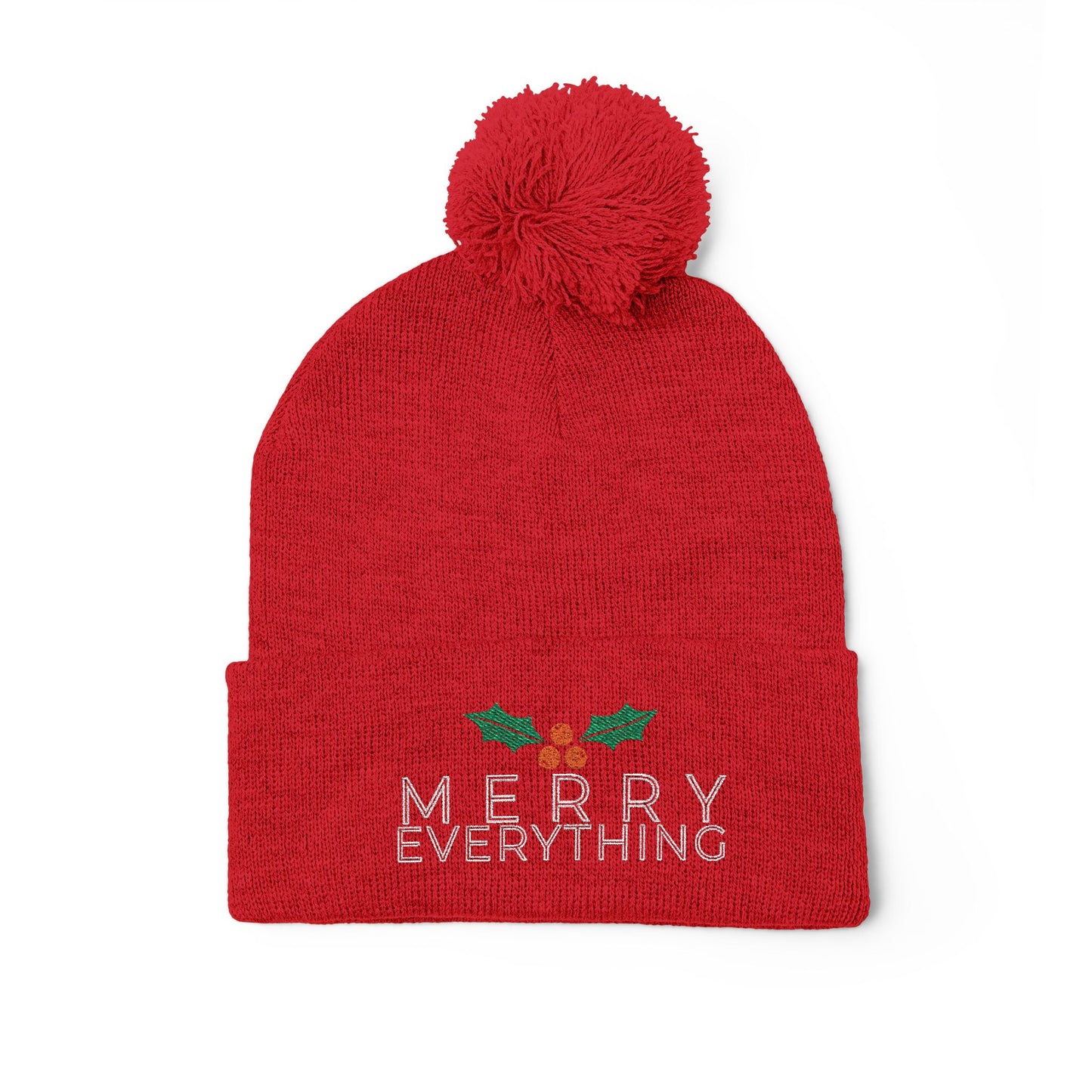 Merry Everything Pom-Pom Beanie — Embroidered Christmas Knit Cap
