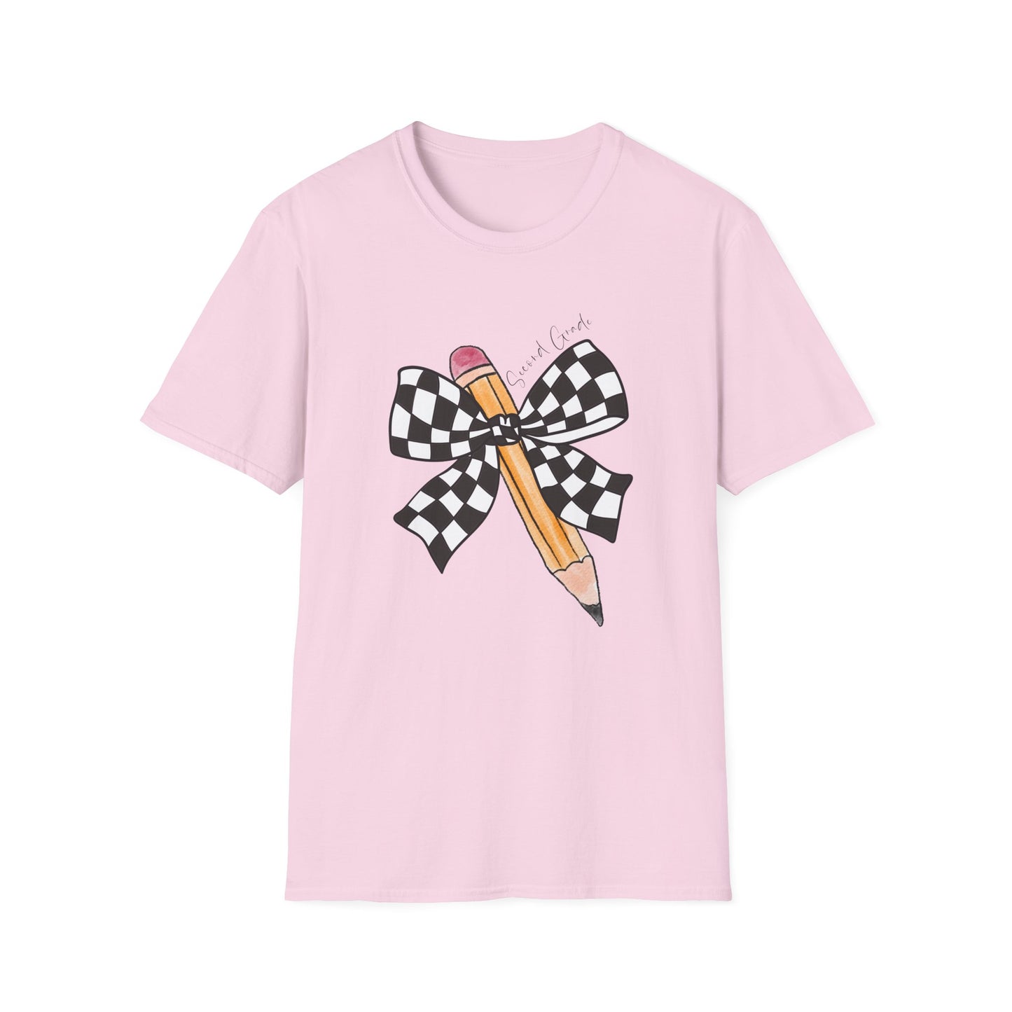 2nd Grade- Checkered Bow + Pencil- Teacher Tee- Softstyle Unisex Tee
