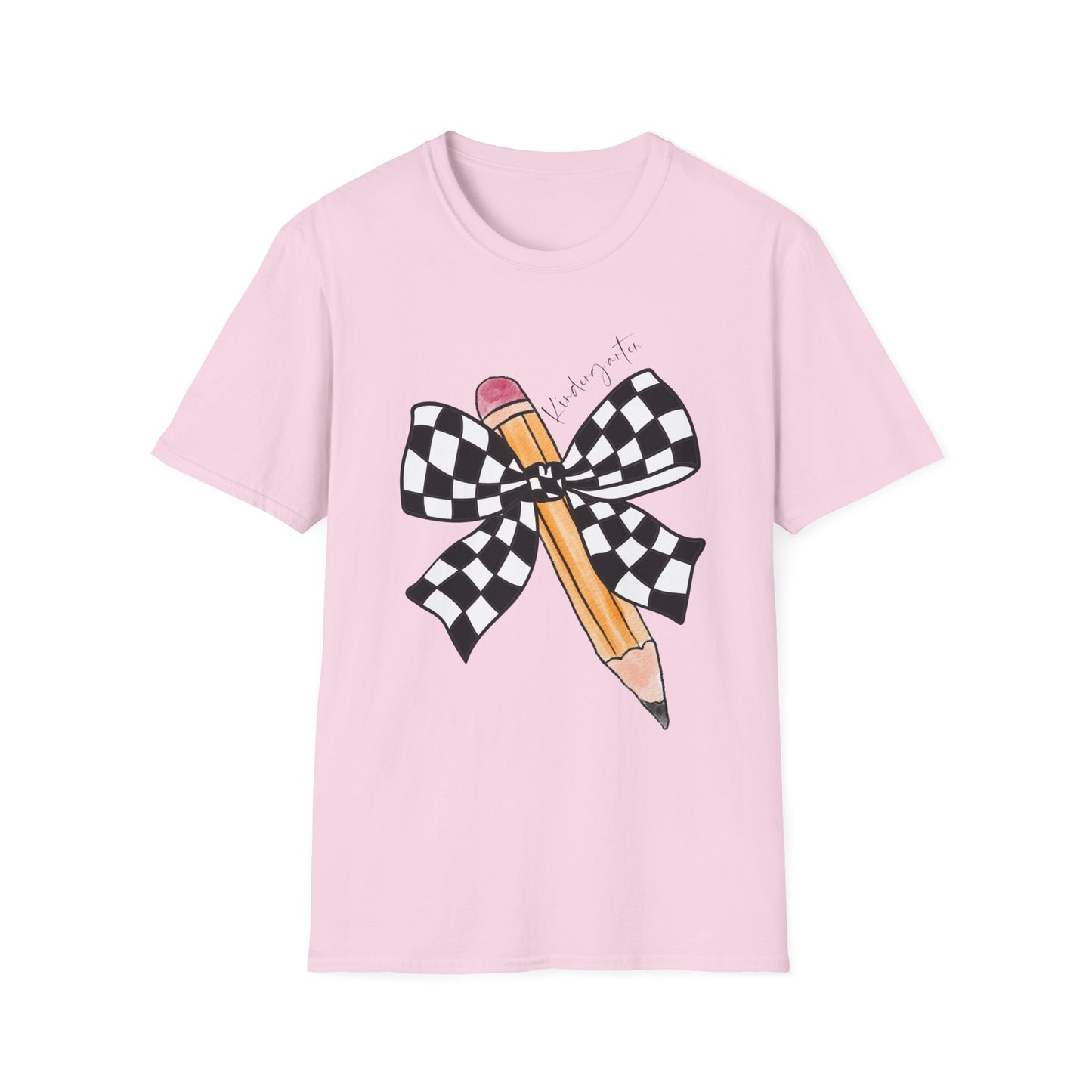 Kindergarten- Pencil & Checker Bow T‑Shirt — Teacher Collection