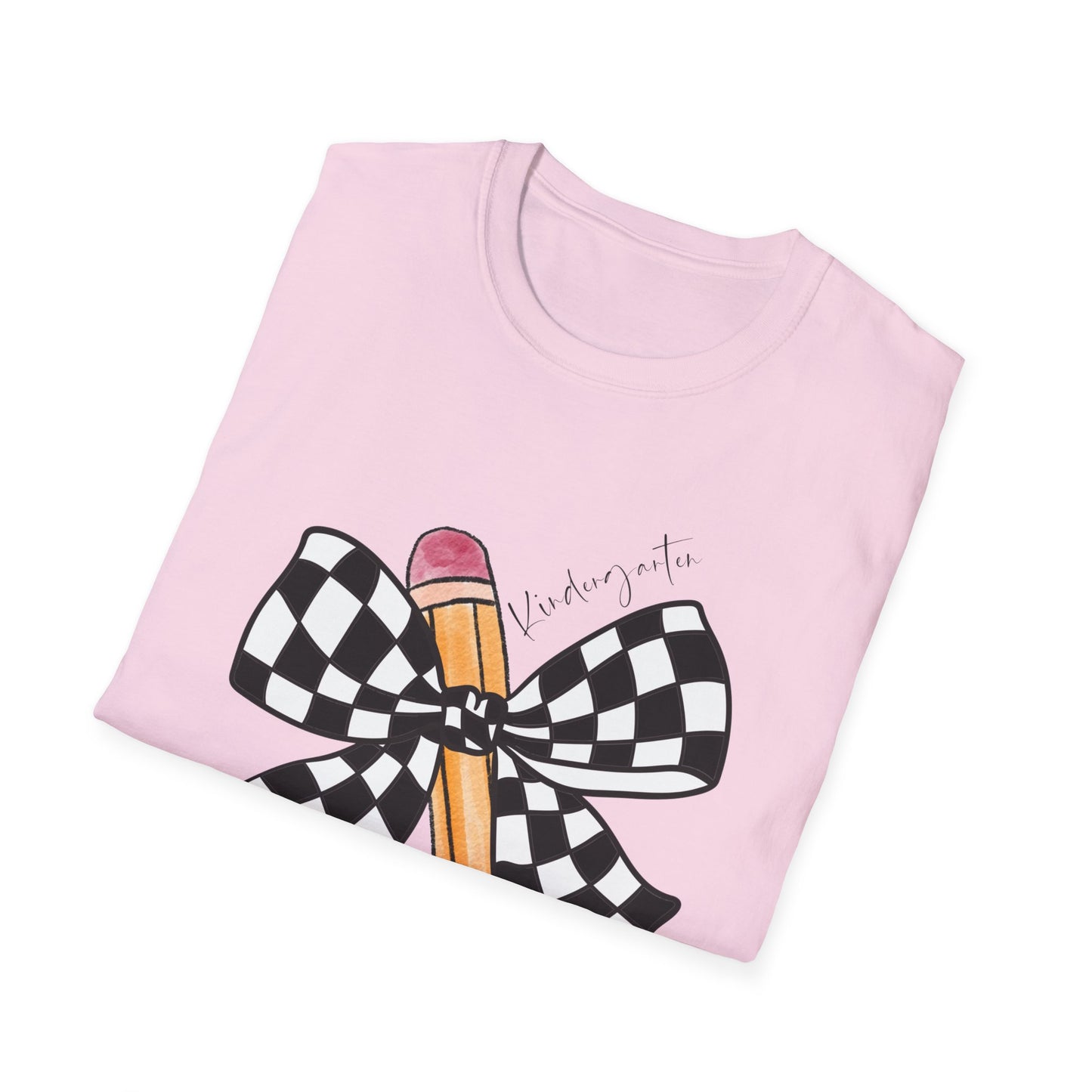 Kindergarten-Checkered Bow + Pencil- Teacher Tee- Softstyle Unisex Tee