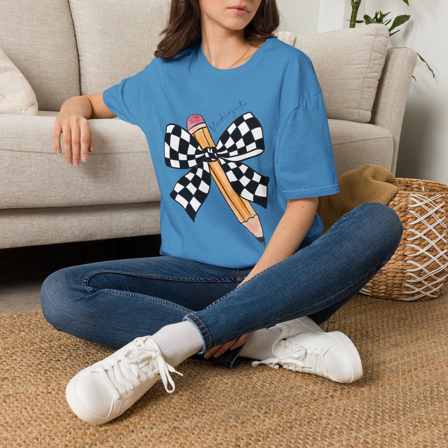 Kindergarten- Pencil & Checker Bow T‑Shirt — Teacher Collection