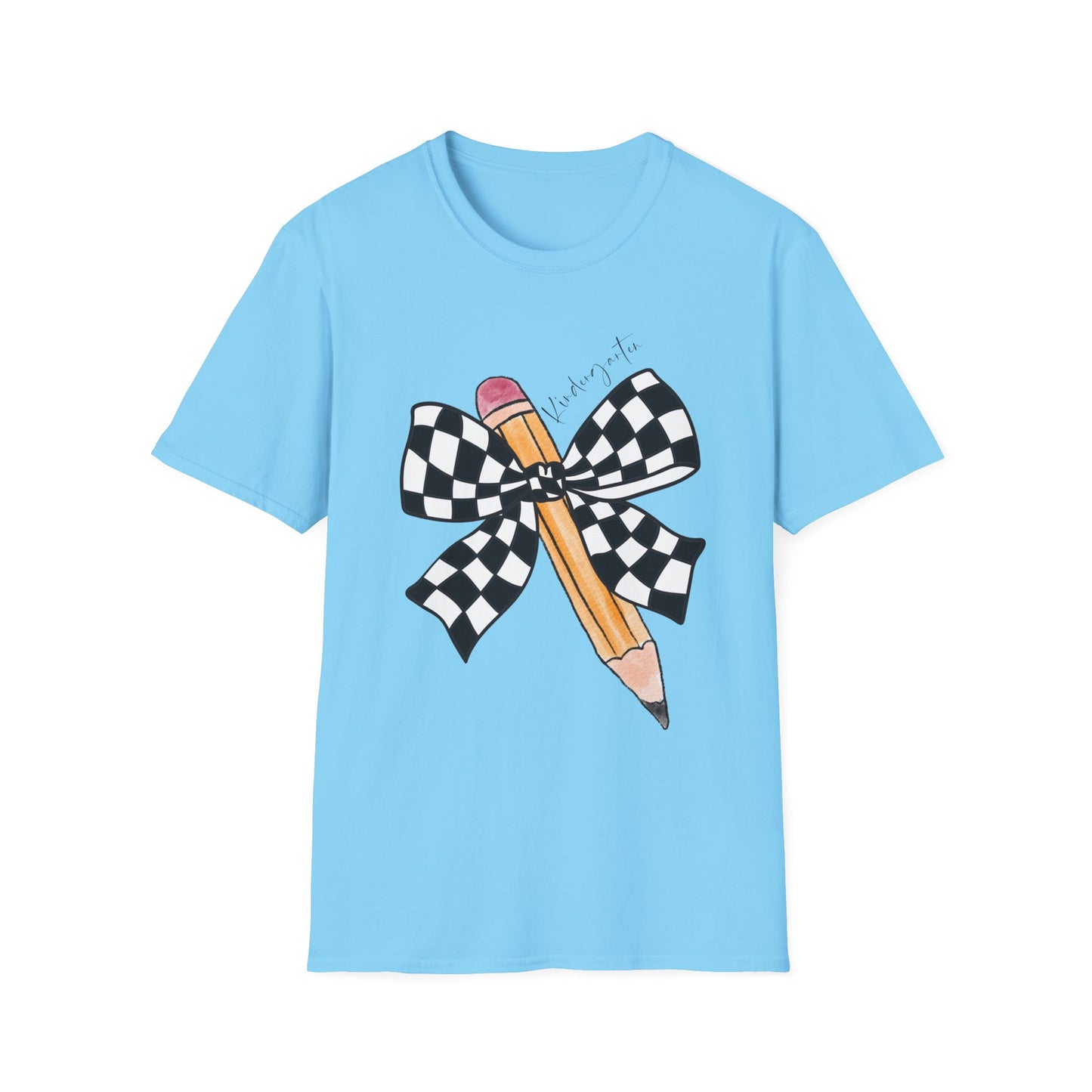 Kindergarten- Pencil & Checker Bow T‑Shirt — Teacher Collection