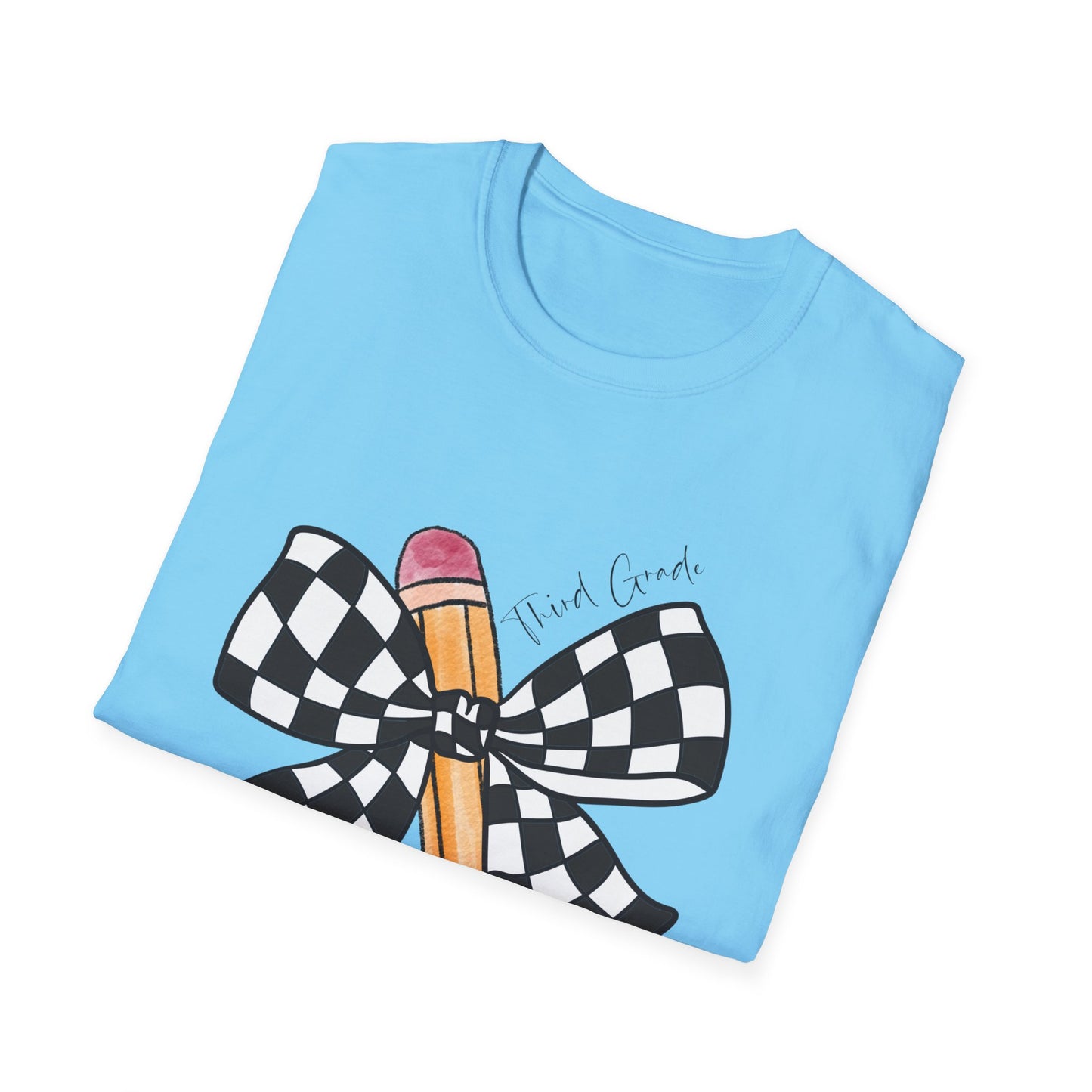 3rd Grade- Checkered Bow + Pencil- Teacher Tee- Softstyle Unisex Tee