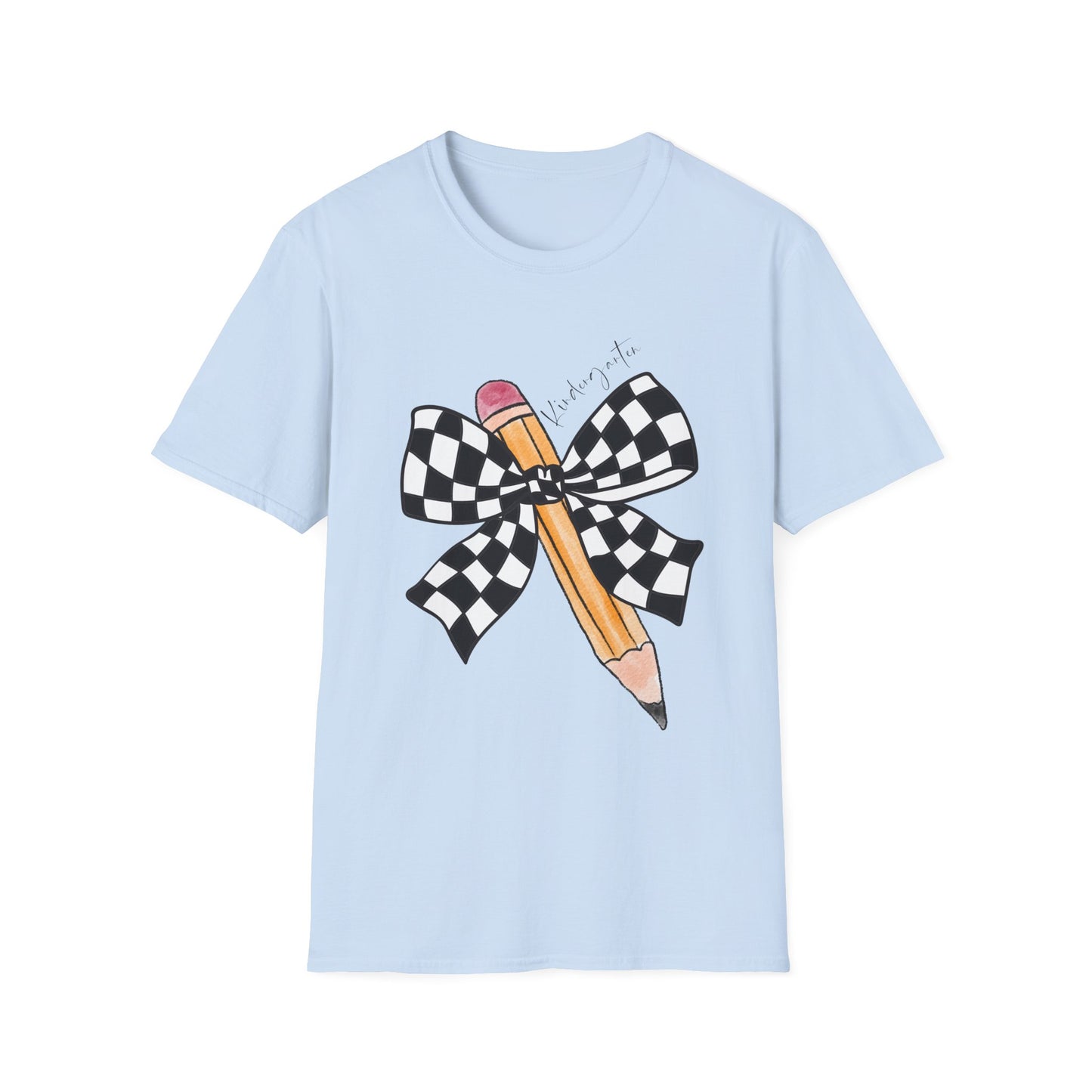 Kindergarten-Checkered Bow + Pencil- Teacher Tee- Softstyle Unisex Tee