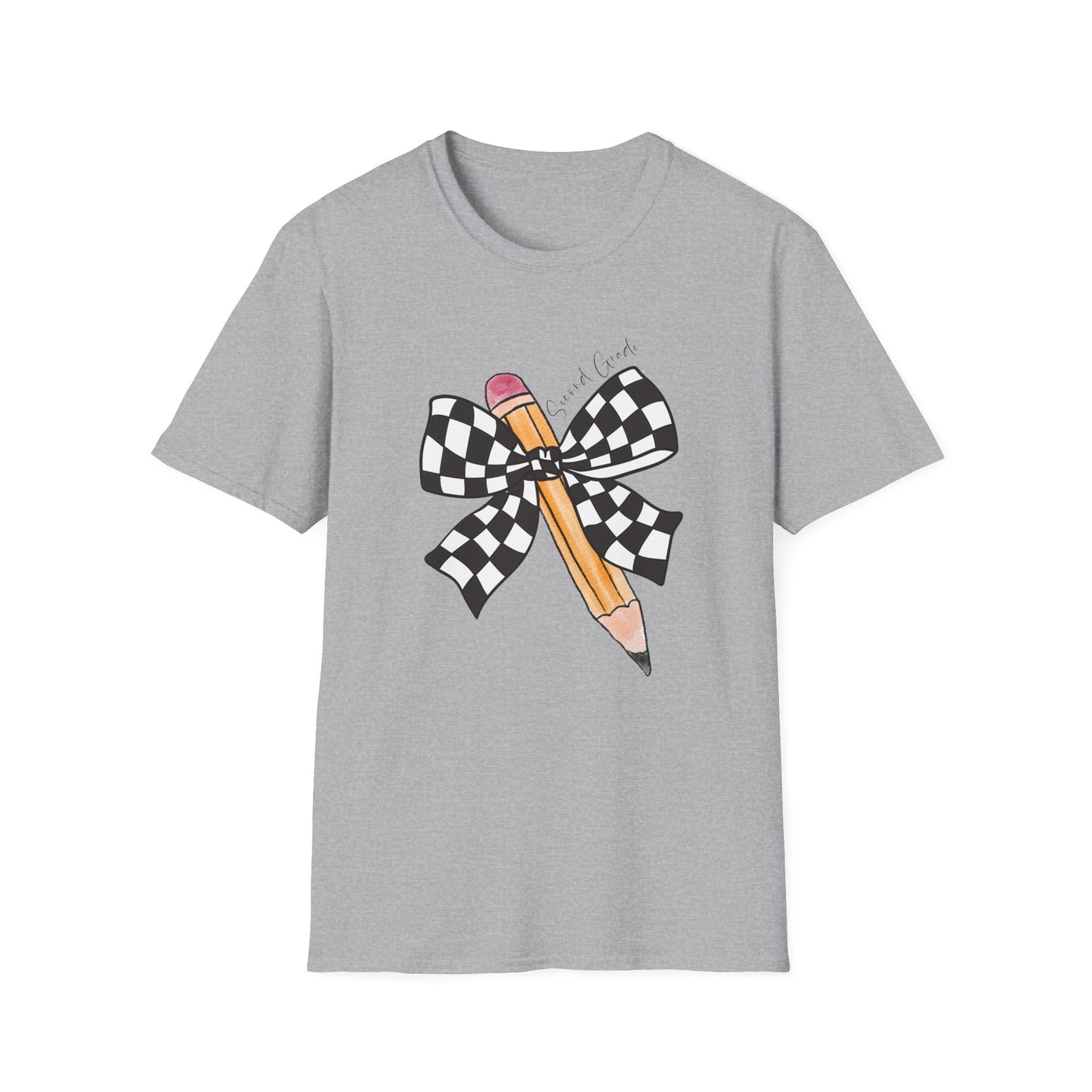 2nd Grade- Checkered Bow + Pencil- Teacher Tee- Softstyle Unisex Tee