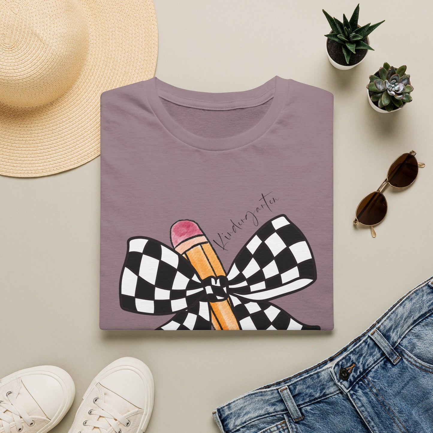 Kindergarten- Pencil & Checker Bow T‑Shirt — Teacher Collection