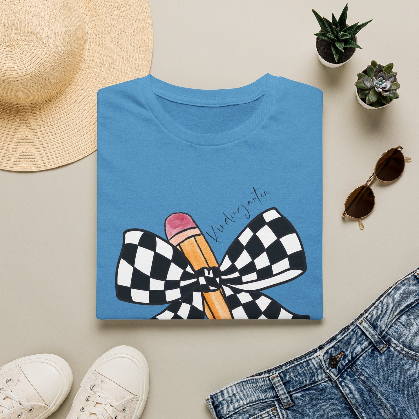 Kindergarten- Pencil & Checker Bow T‑Shirt — Teacher Collection