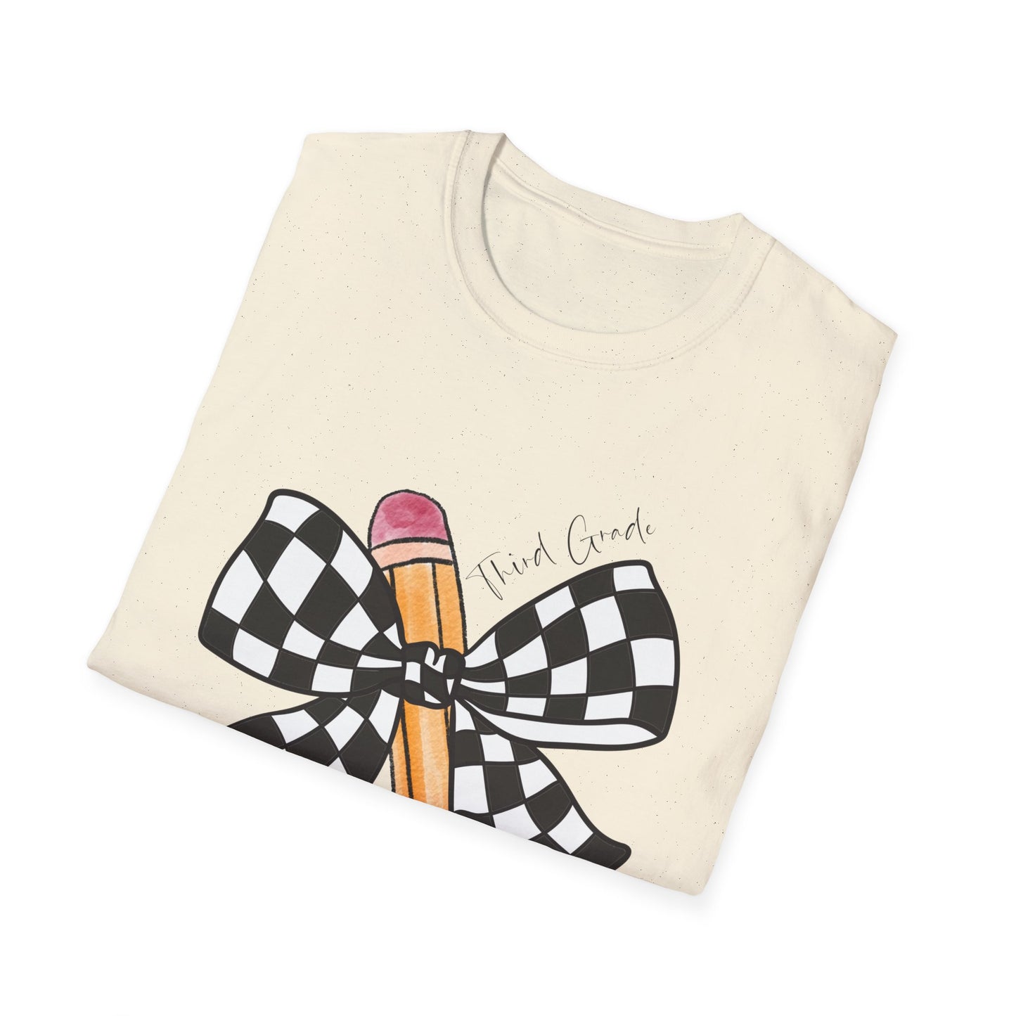 3rd Grade- Checkered Bow + Pencil- Teacher Tee- Softstyle Unisex Tee