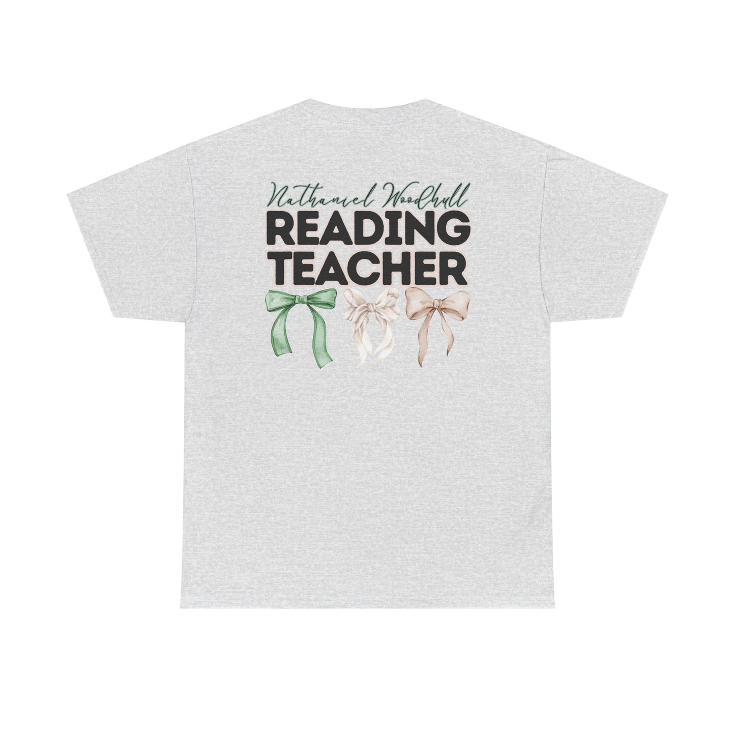 Woodhull Reading Teacher and Bows- Unisex Heavy Cotton Tee with Bow Design