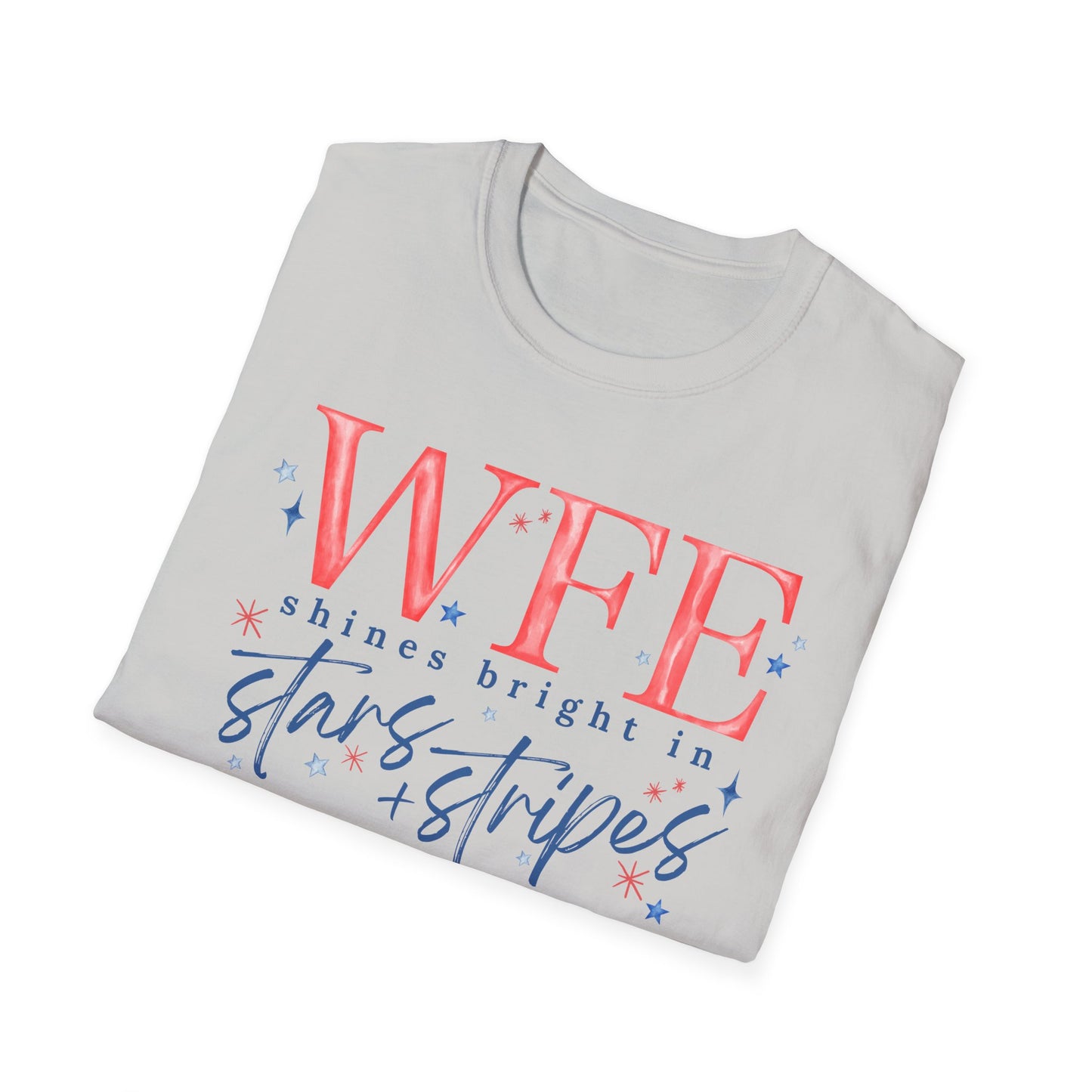 Flag Day Unisex Softstyle T-Shirt with WFE Shines Bright in Stars + Stripes Design- Holiday