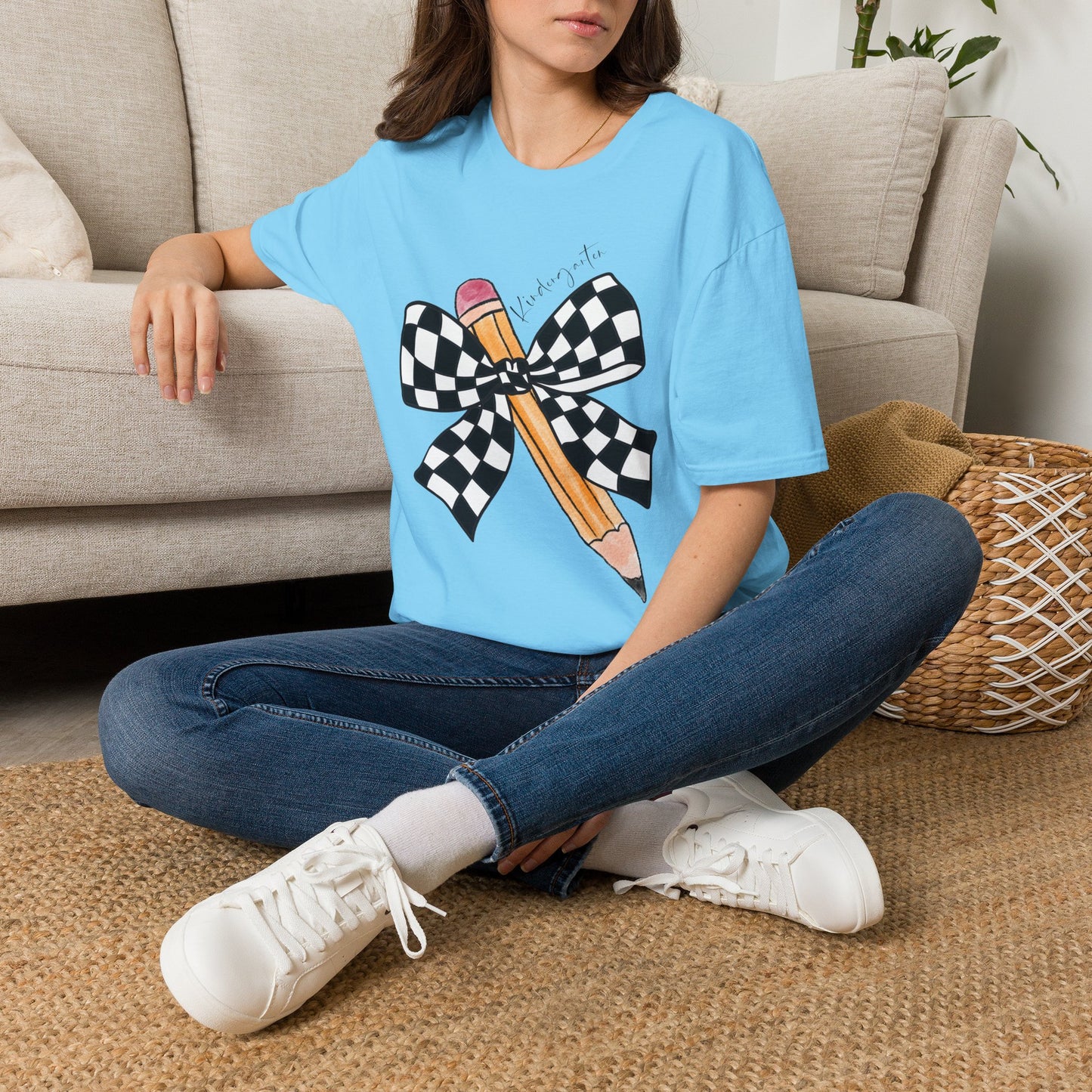 Kindergarten- Pencil & Checker Bow T‑Shirt — Teacher Collection